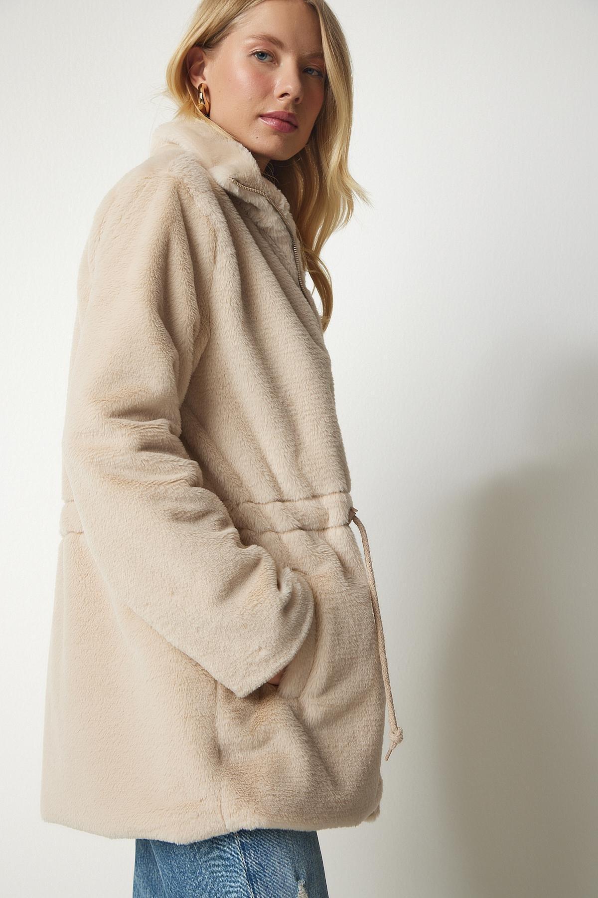 Beige Zipper Oversized Sheepskin Plush Coat, Beige, large image number 0