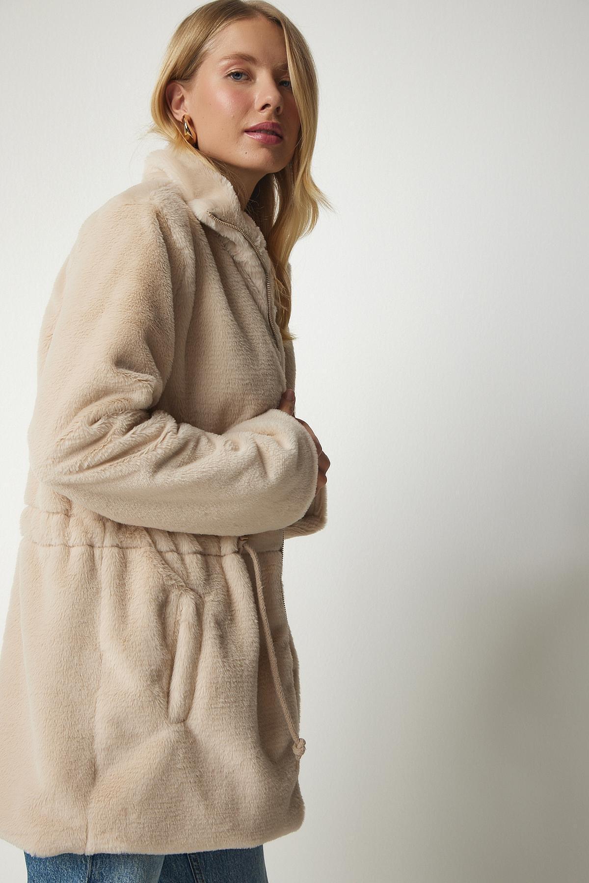 Beige Zipper Oversized Sheepskin Plush Coat, Beige, large image number 1