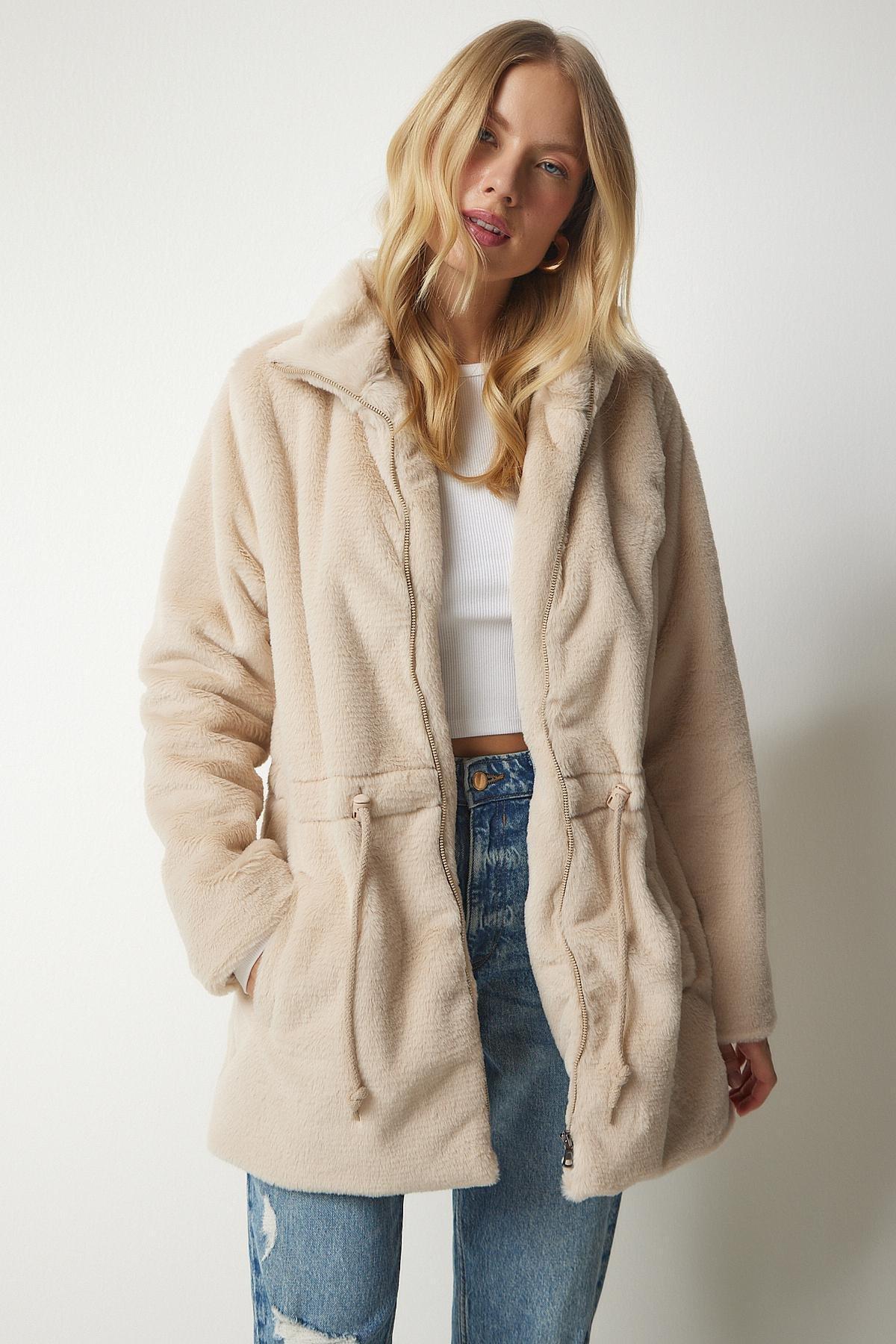 Beige Zipper Oversized Sheepskin Plush Coat, Beige, large image number 4