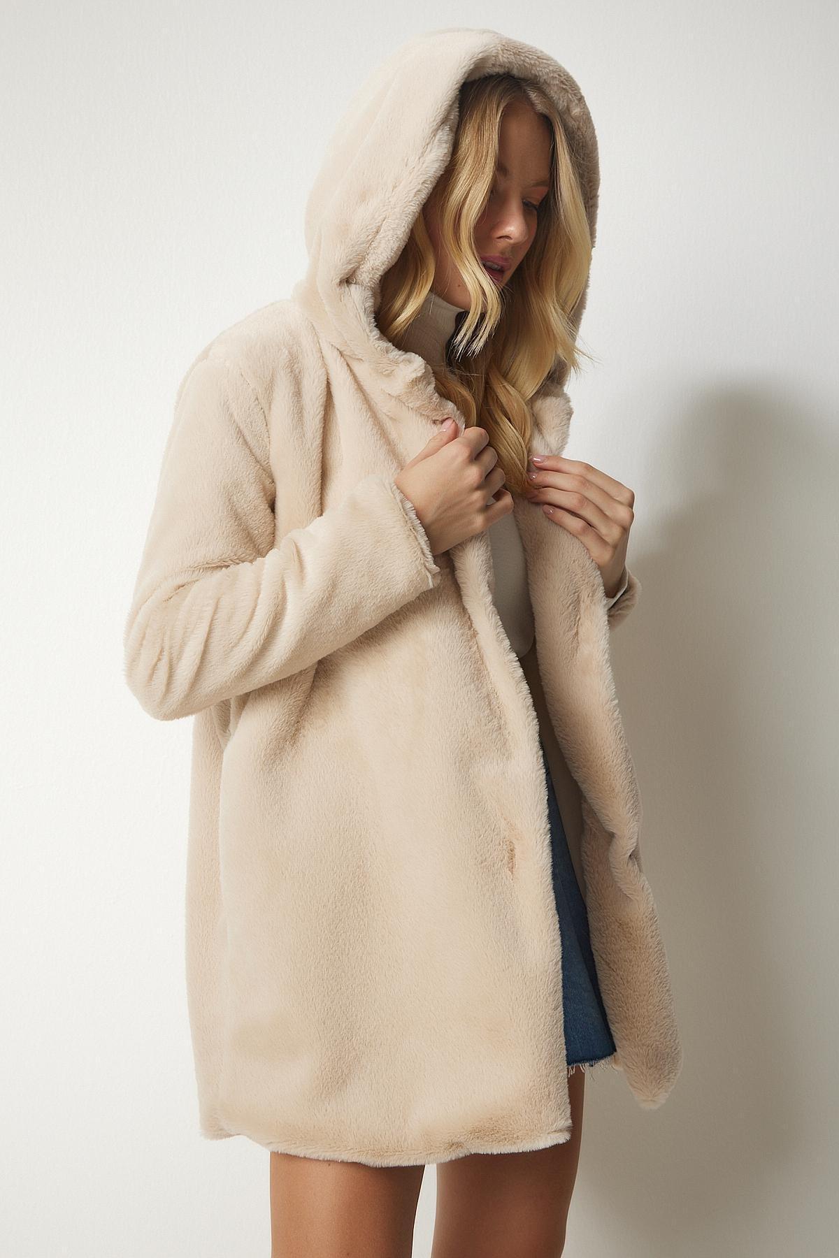 Beige Hooded Oversized Shearling Plush Coat, Beige, large image number 0