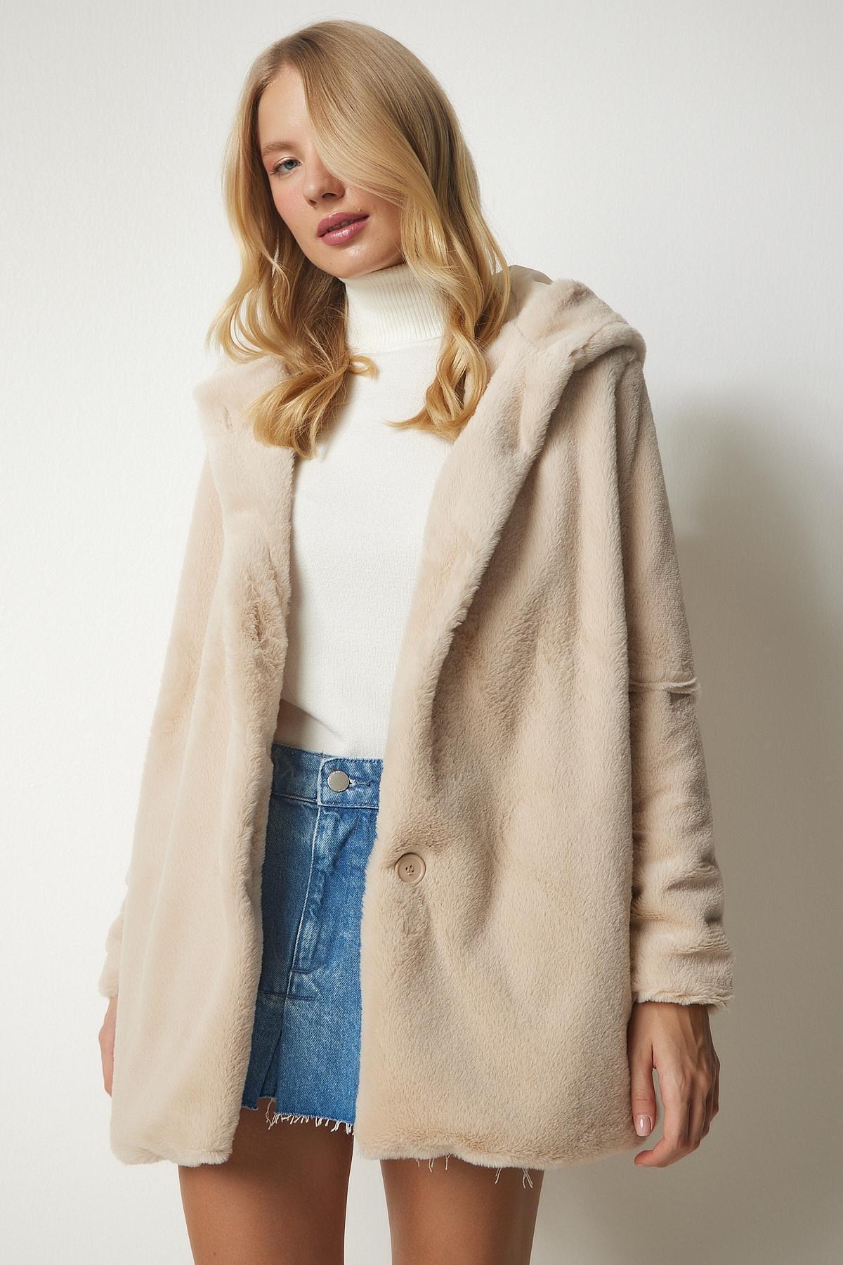 Beige Hooded Oversized Shearling Plush Coat, Beige, large image number 3