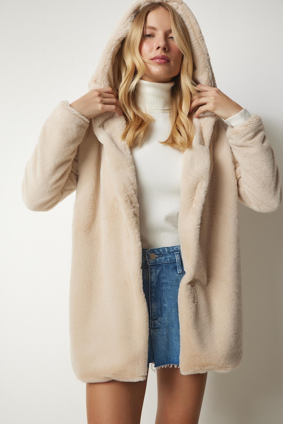 Beige Hooded Oversized Shearling Plush Coat, Beige, large image number 4
