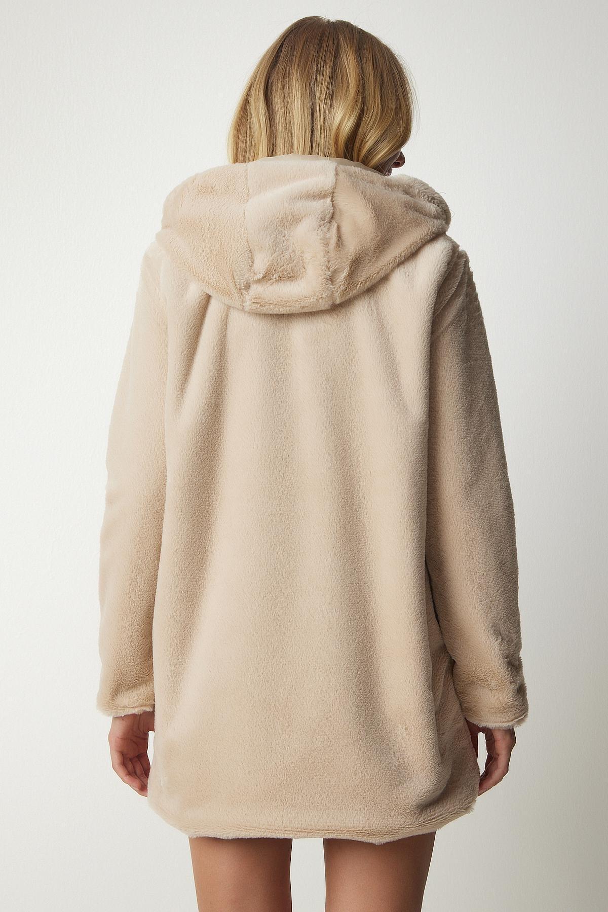 Beige Hooded Oversized Shearling Plush Coat, Beige, large image number 5