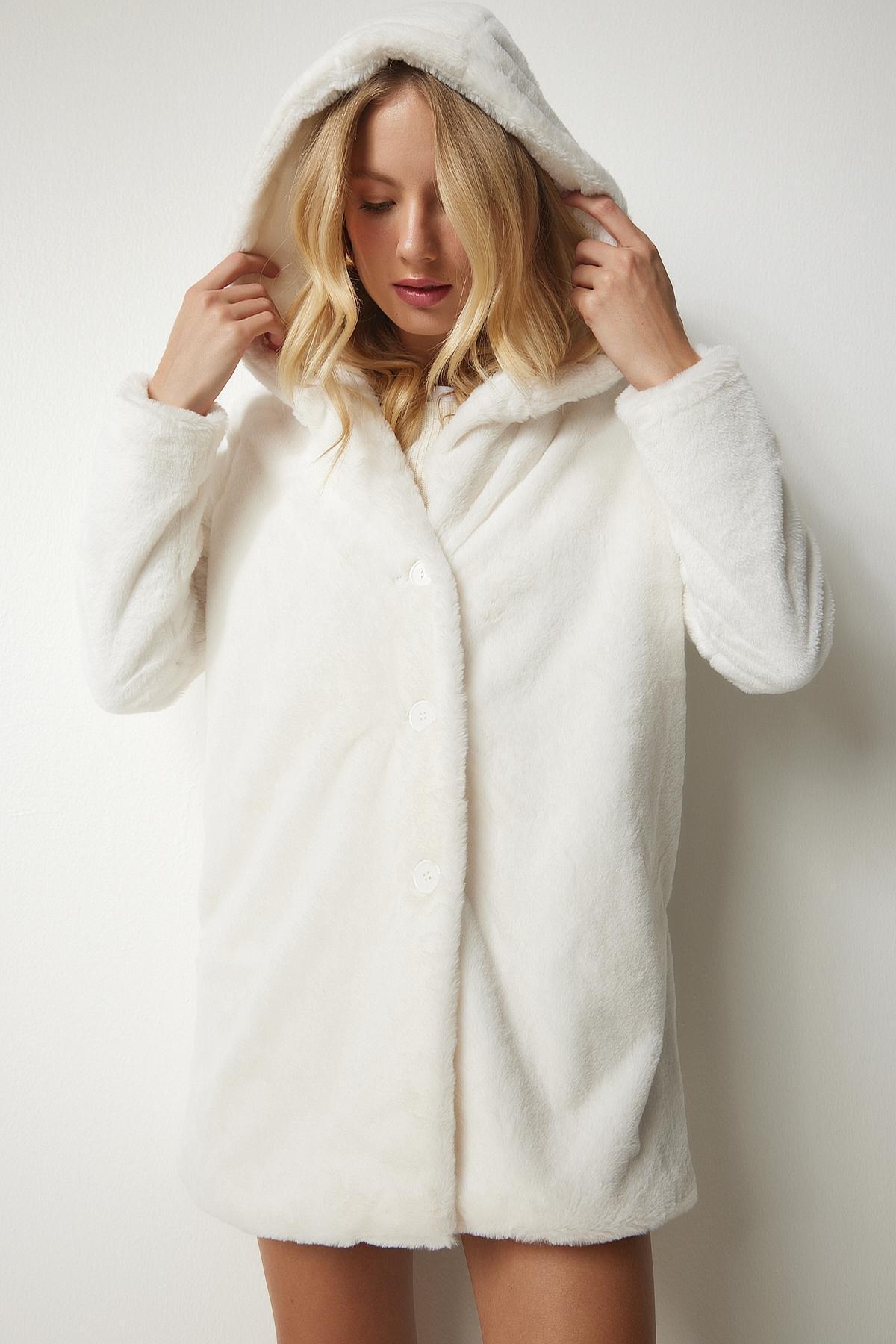 Ecru Hooded Oversized Shearling Plush Coat, C101_205, large image number 0