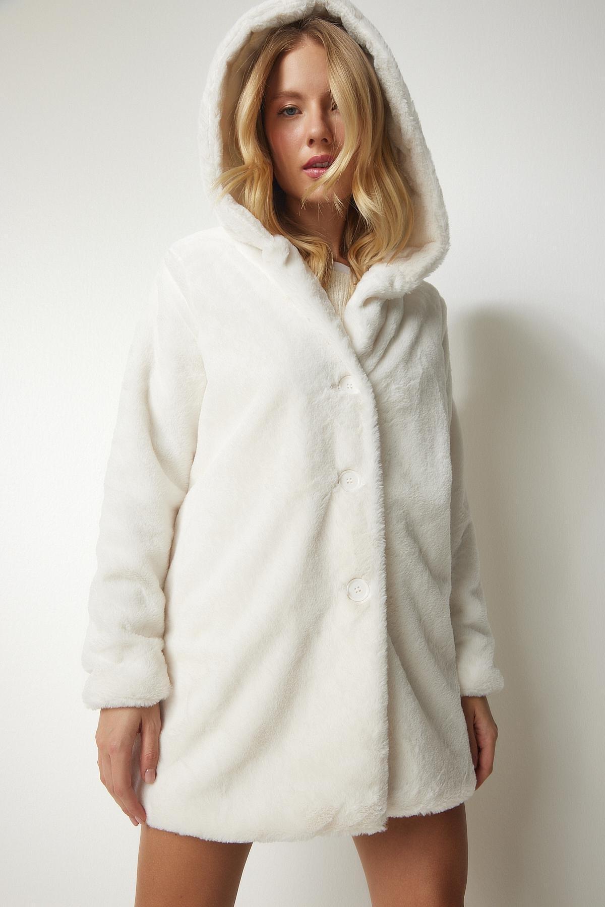Ecru Hooded Oversized Shearling Plush Coat, C101_205, large image number 1