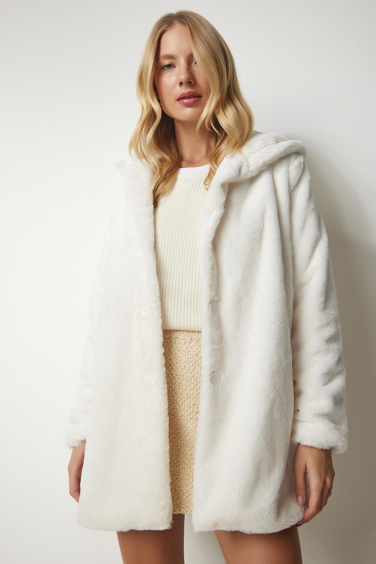 Ecru Hooded Oversized Shearling Plush Coat, C101_205, large image number 2