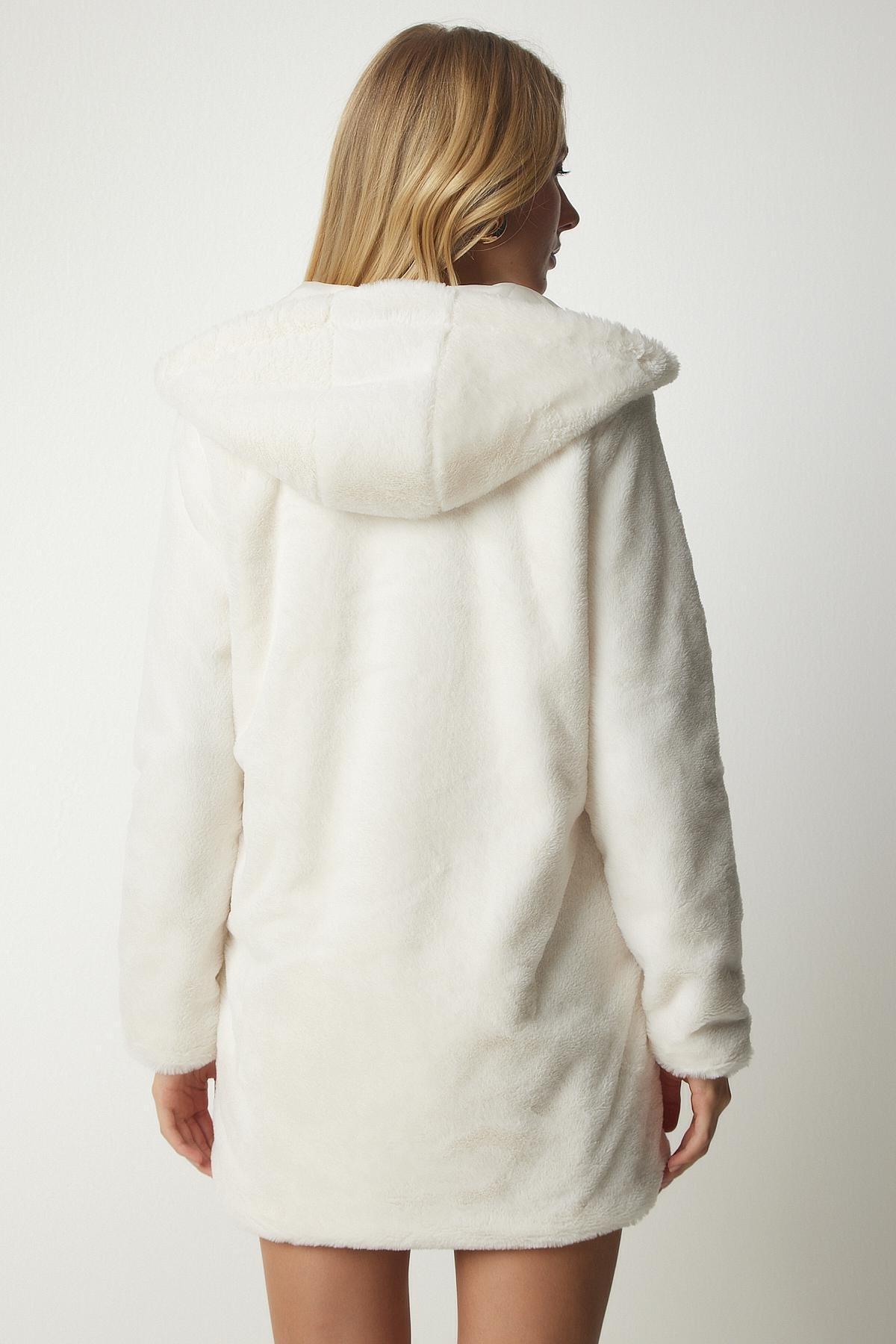 Ecru Hooded Oversized Shearling Plush Coat, C101_205, large image number 6