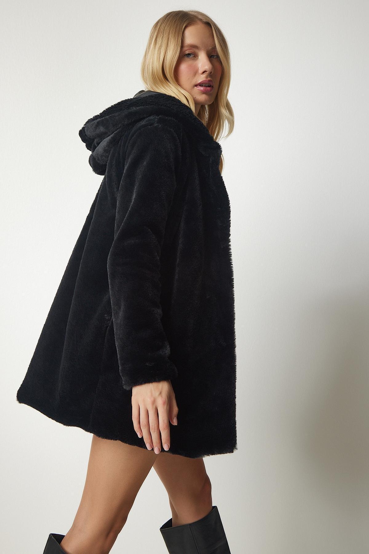 Black Hooded Oversized Shearling Plush Coat, , large image number 1