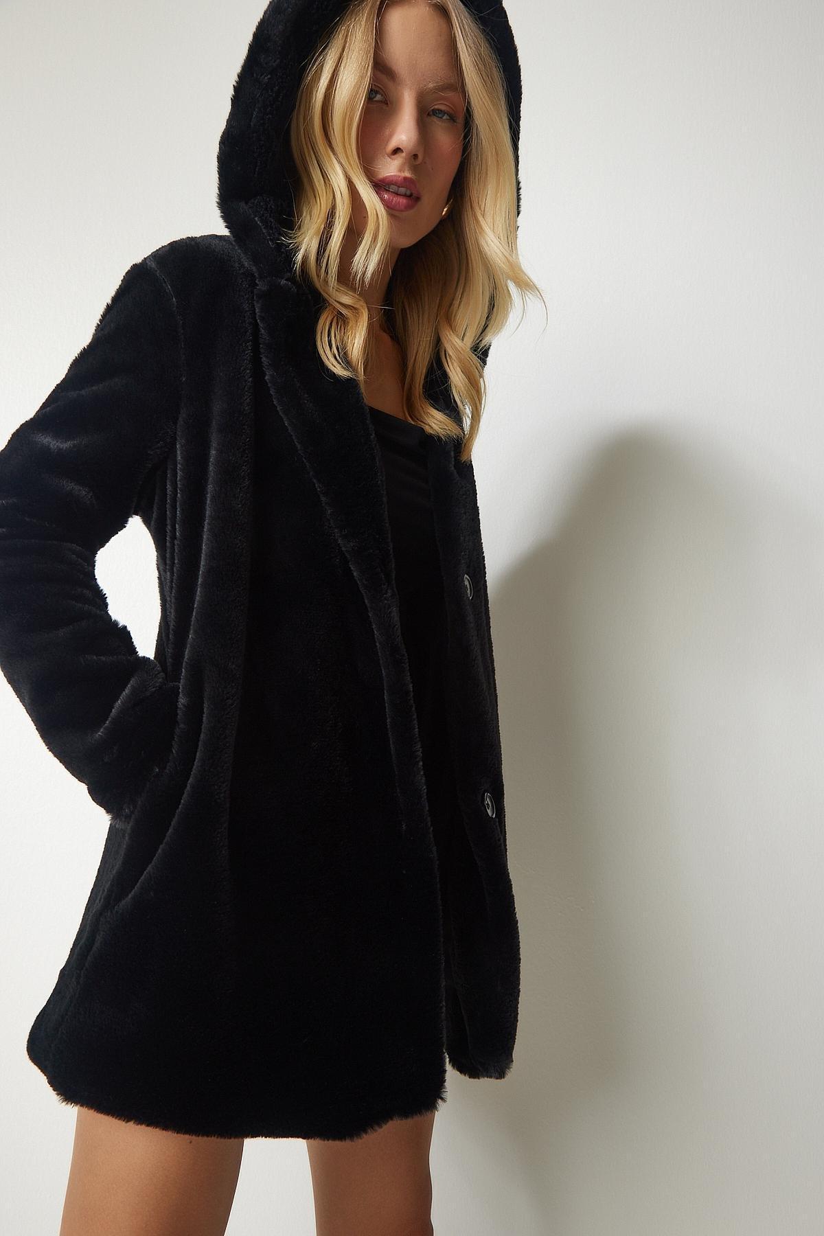 Black Hooded Oversized Shearling Plush Coat, , large image number 2