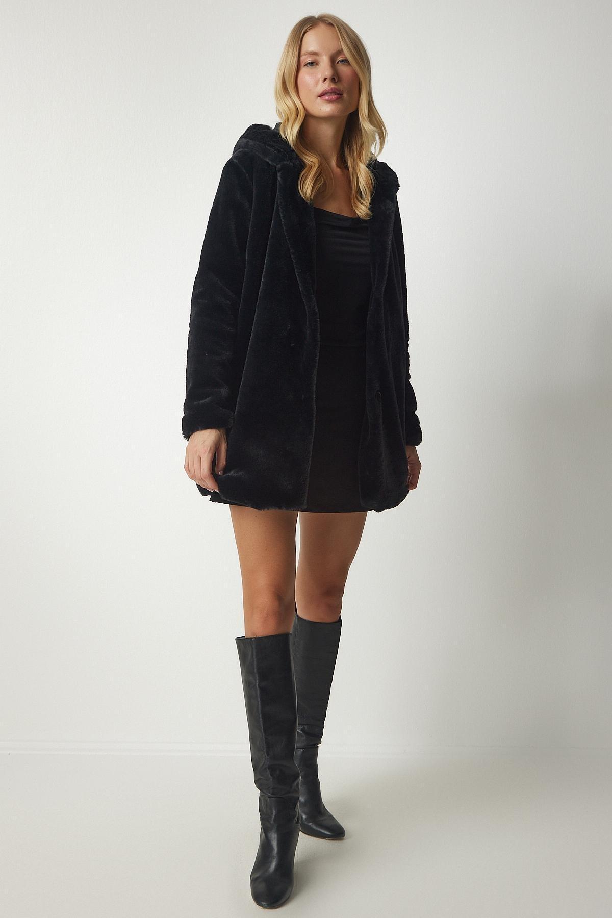 Black Hooded Oversized Shearling Plush Coat, , large image number 3