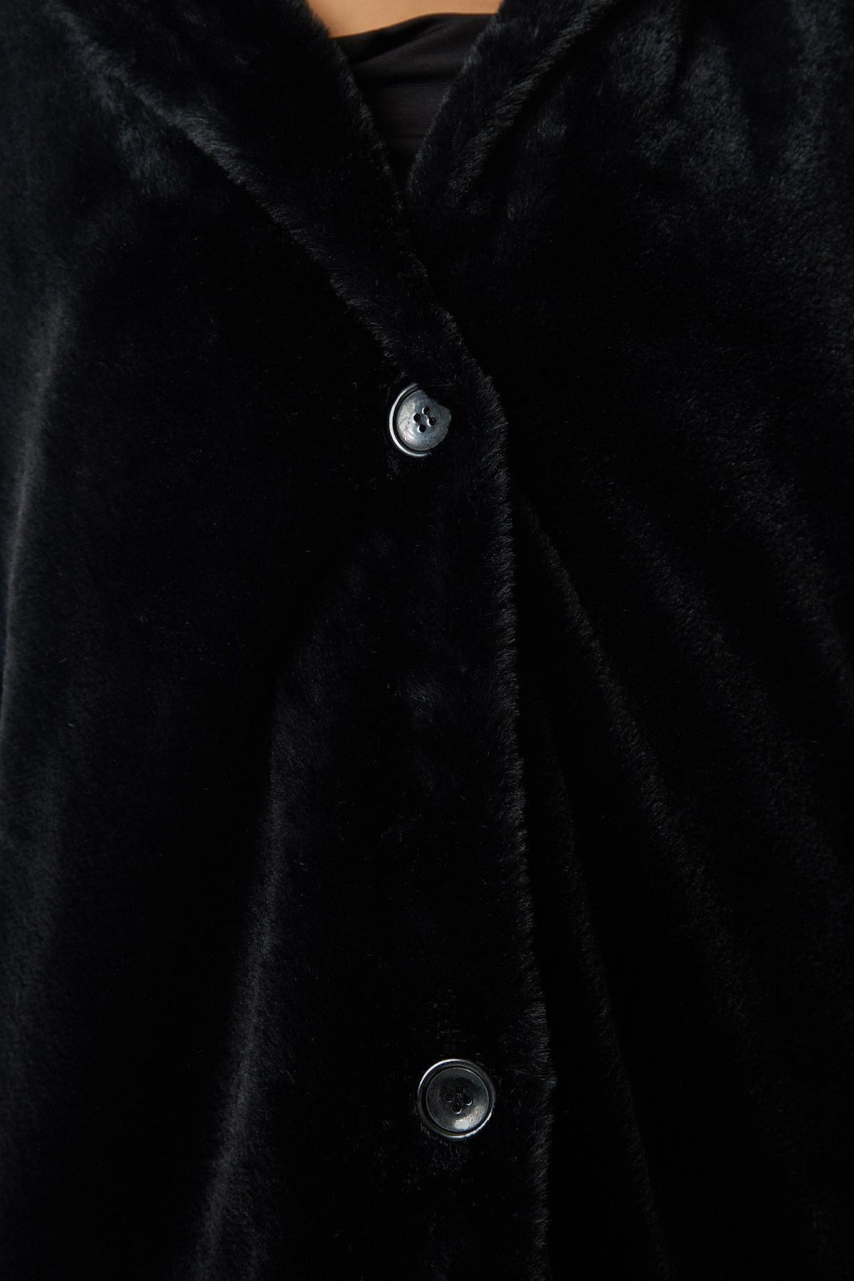 Black Hooded Oversized Shearling Plush Coat, , large image number 5