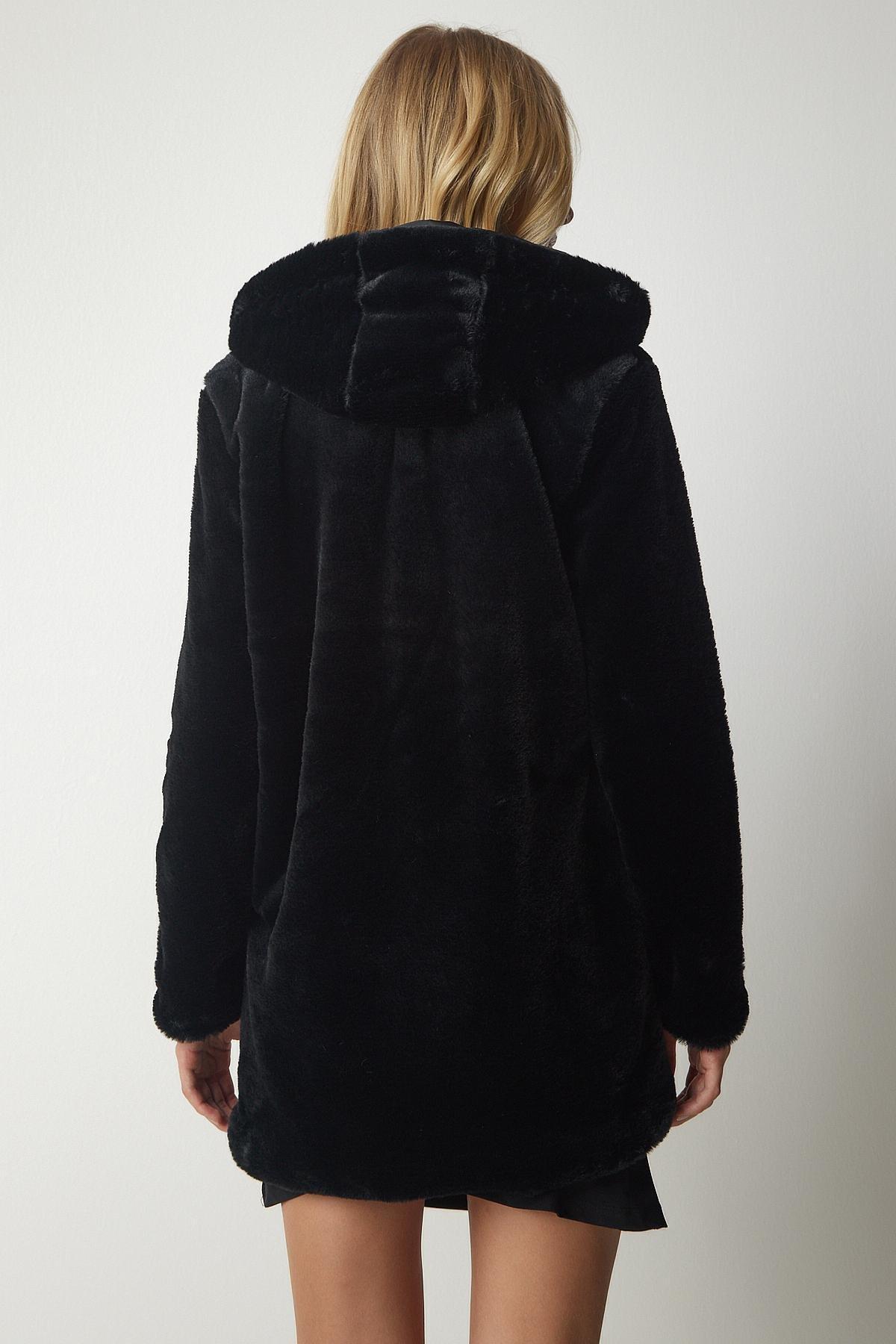 Black Hooded Oversized Shearling Plush Coat, , large image number 6