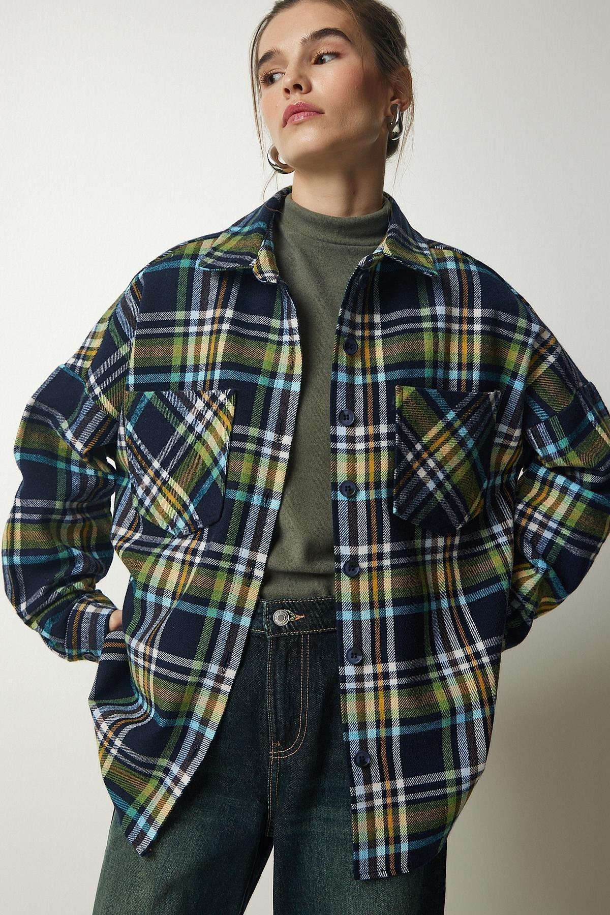 Navy Oversize Lumberjack Shirt, NAVY BLUE GREEN, large image number 1