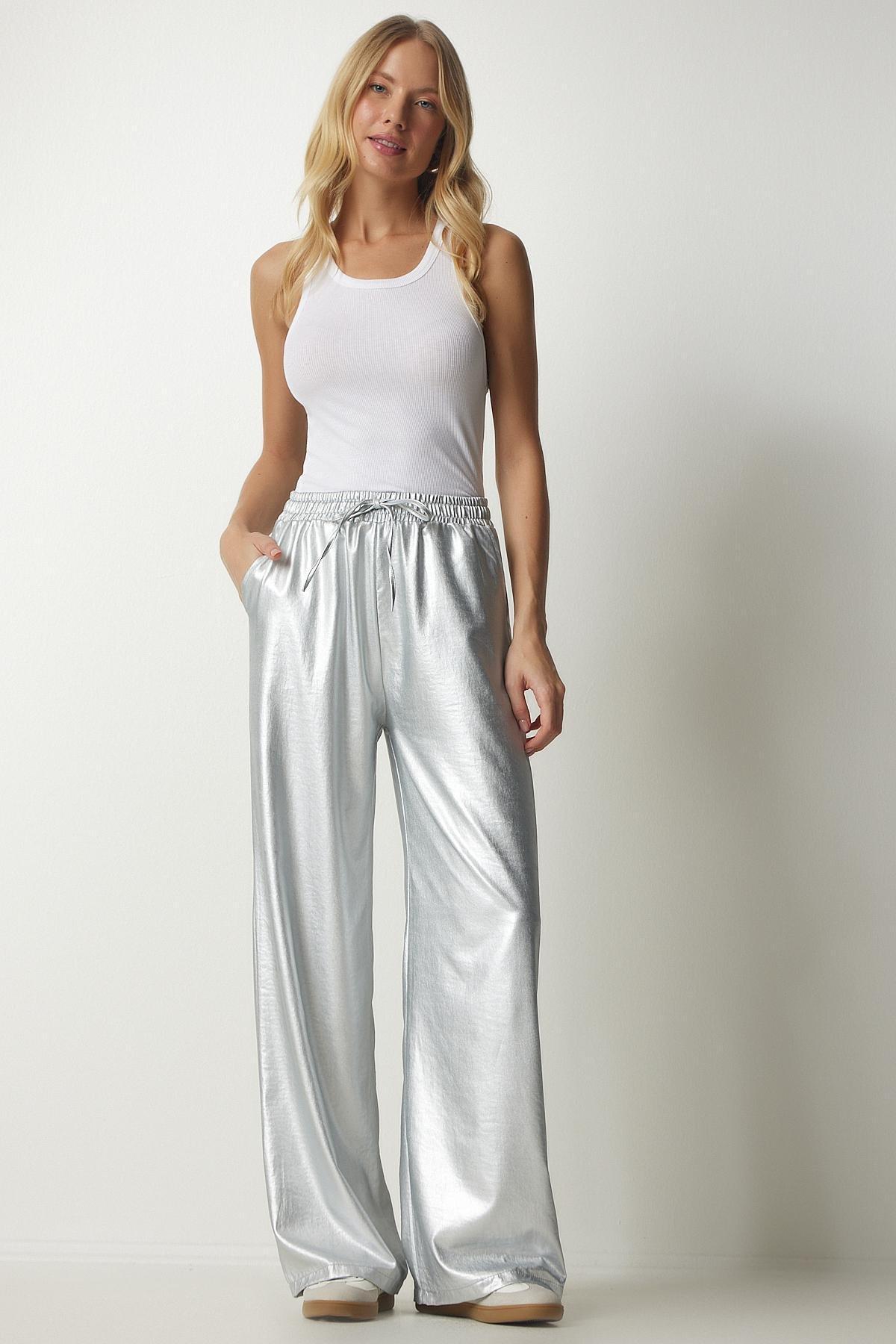 Gray Palazzo Pants With Pockets Shiny, C101_1775, large image number 4