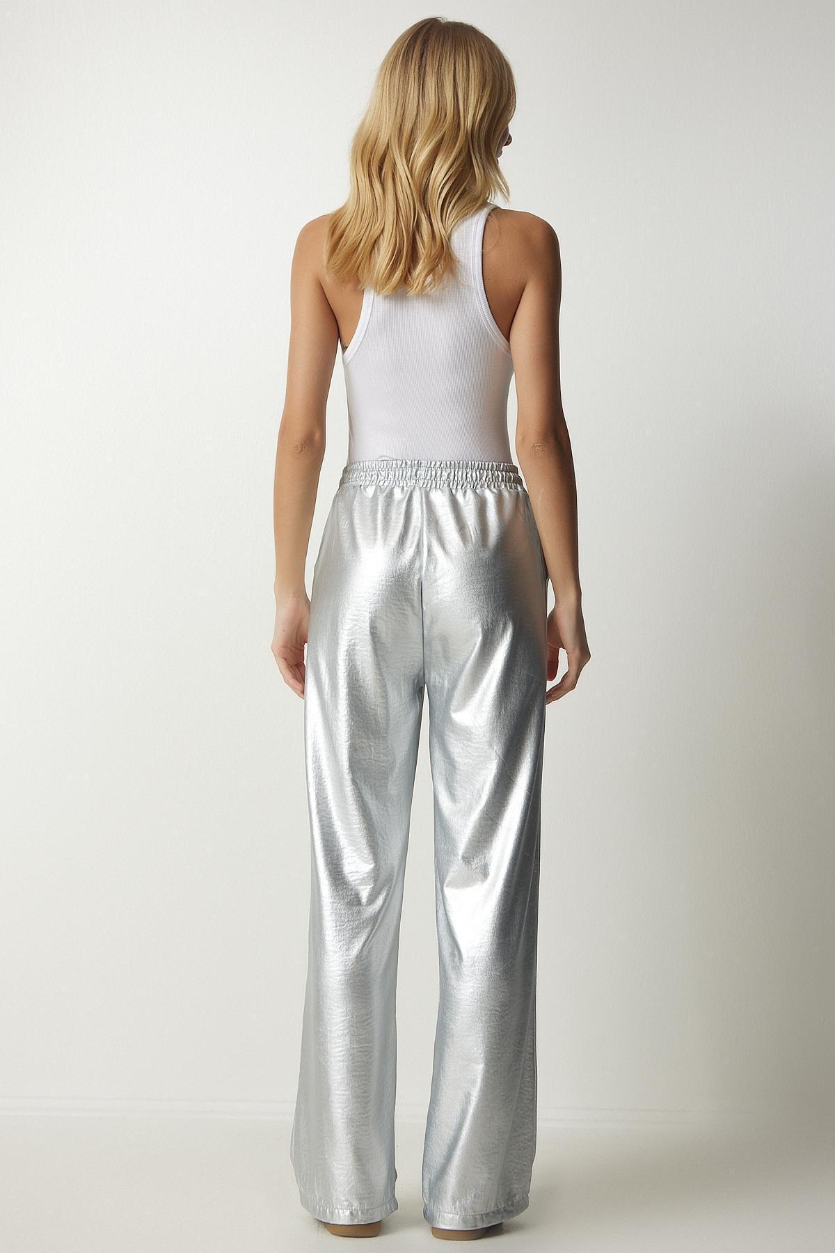 Gray Palazzo Pants With Pockets Shiny, C101_1775, large image number 6