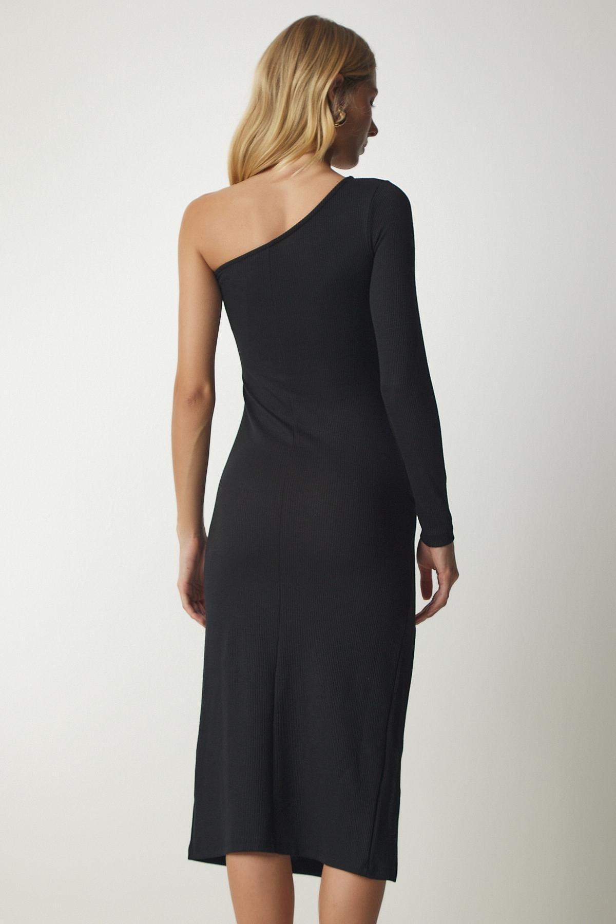 Black One-Shoulder Fitted Jersey Dress, , large image number 4