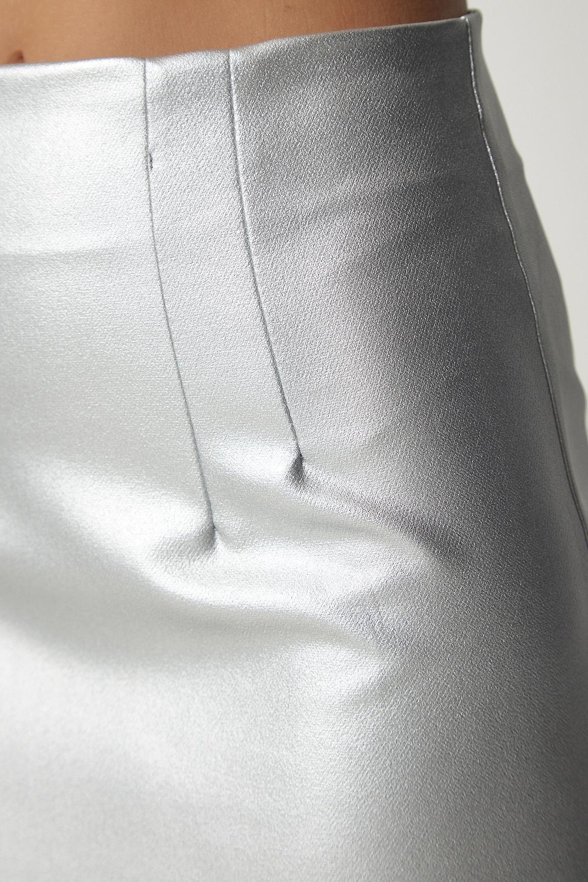 Gray Collared Glossy Mini Skirt, , large image number 4