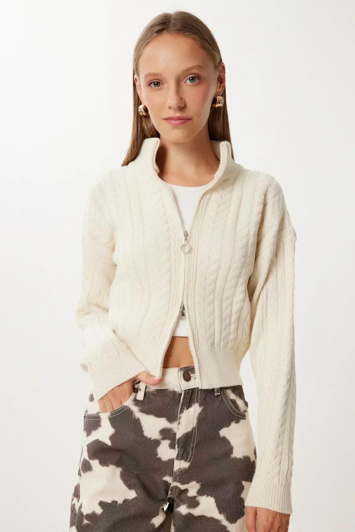 Cream Zippered Knitted Pattern Cardigan, Cream, large image number 0