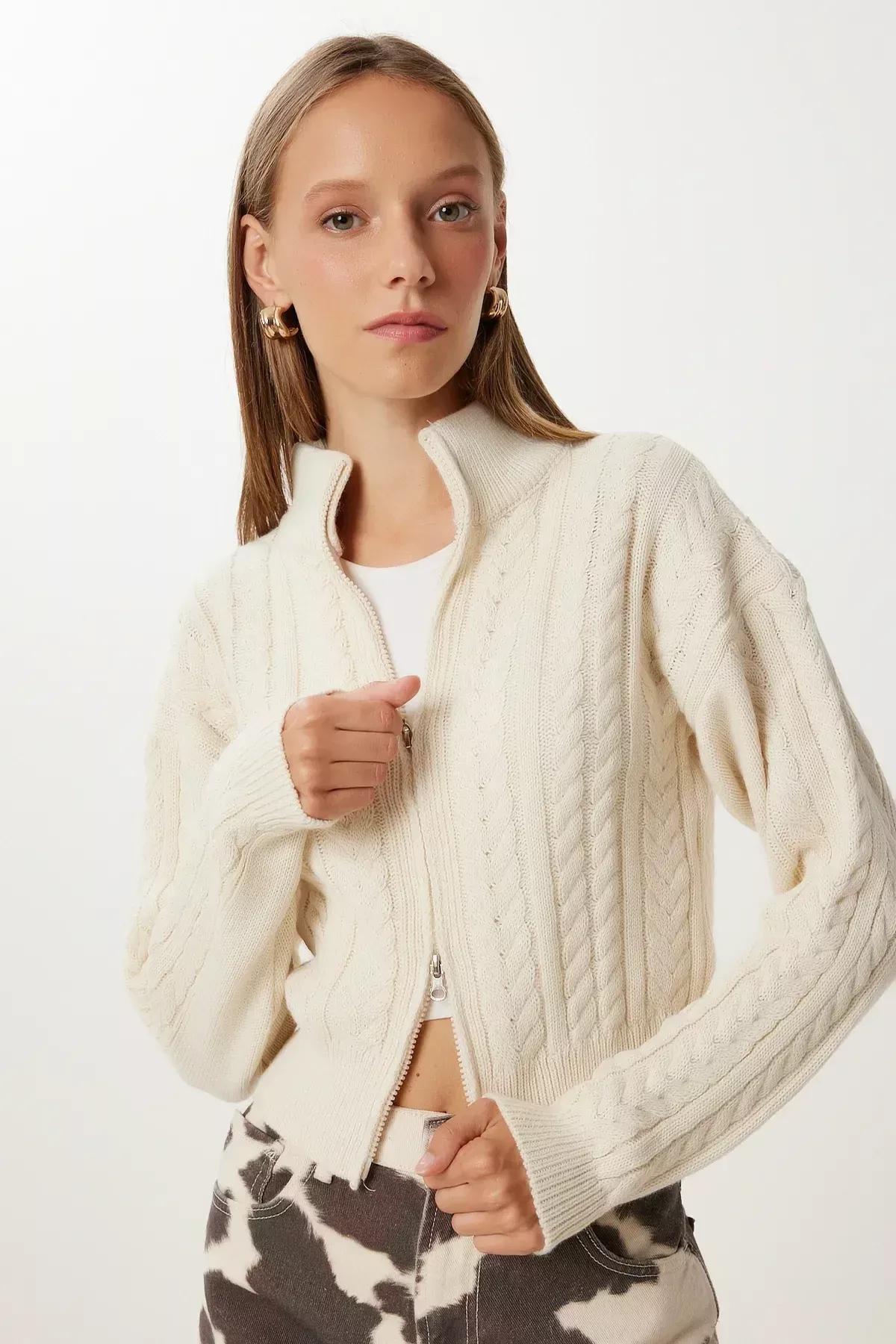 Cream Zippered Knitted Pattern Cardigan, Cream, large image number 1