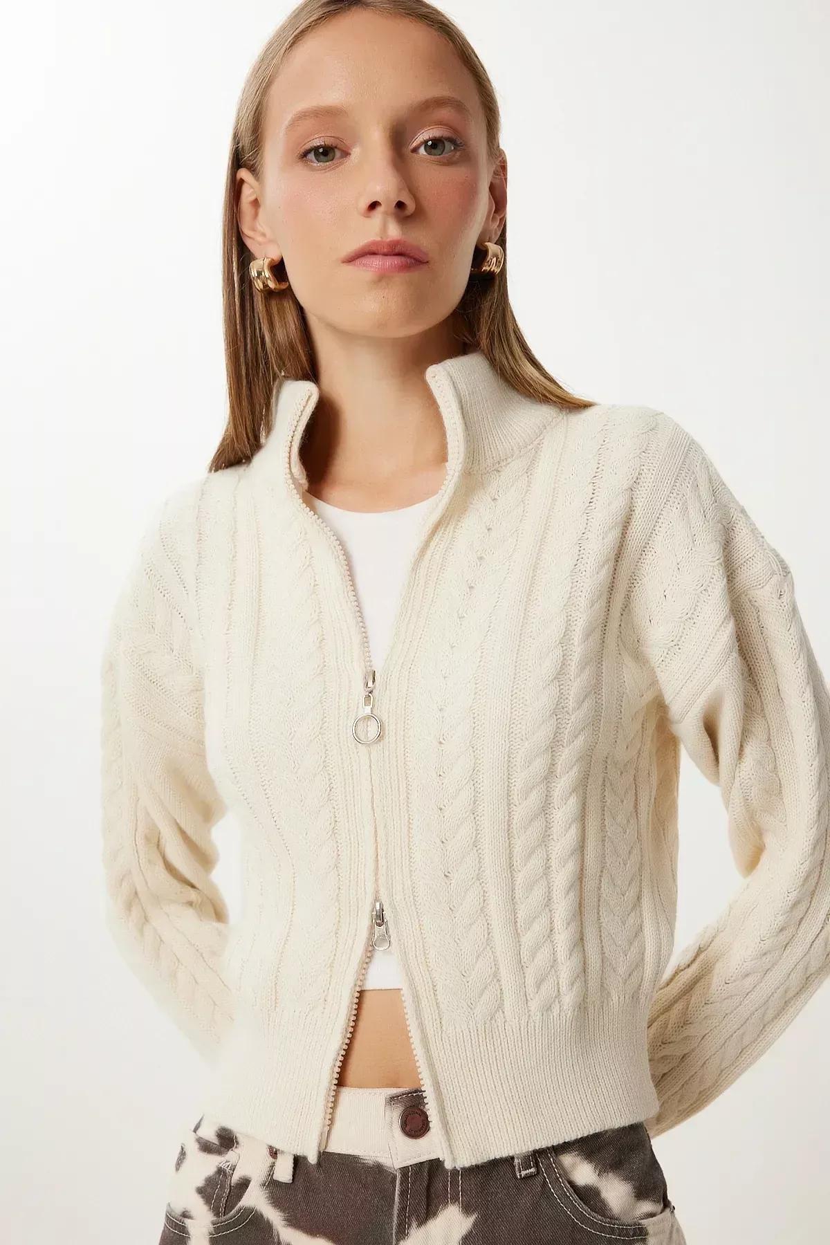 Cream Zippered Knitted Pattern Cardigan, Cream, large image number 2