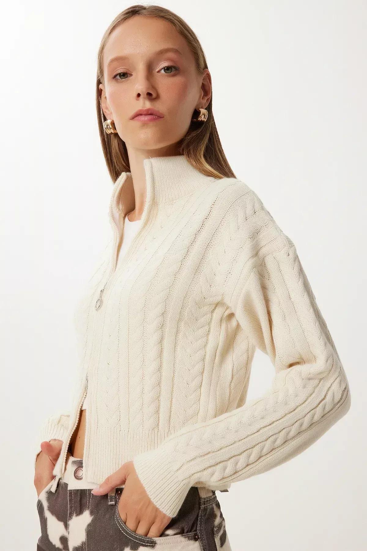 Cream Zippered Knitted Pattern Cardigan, Cream, large image number 3