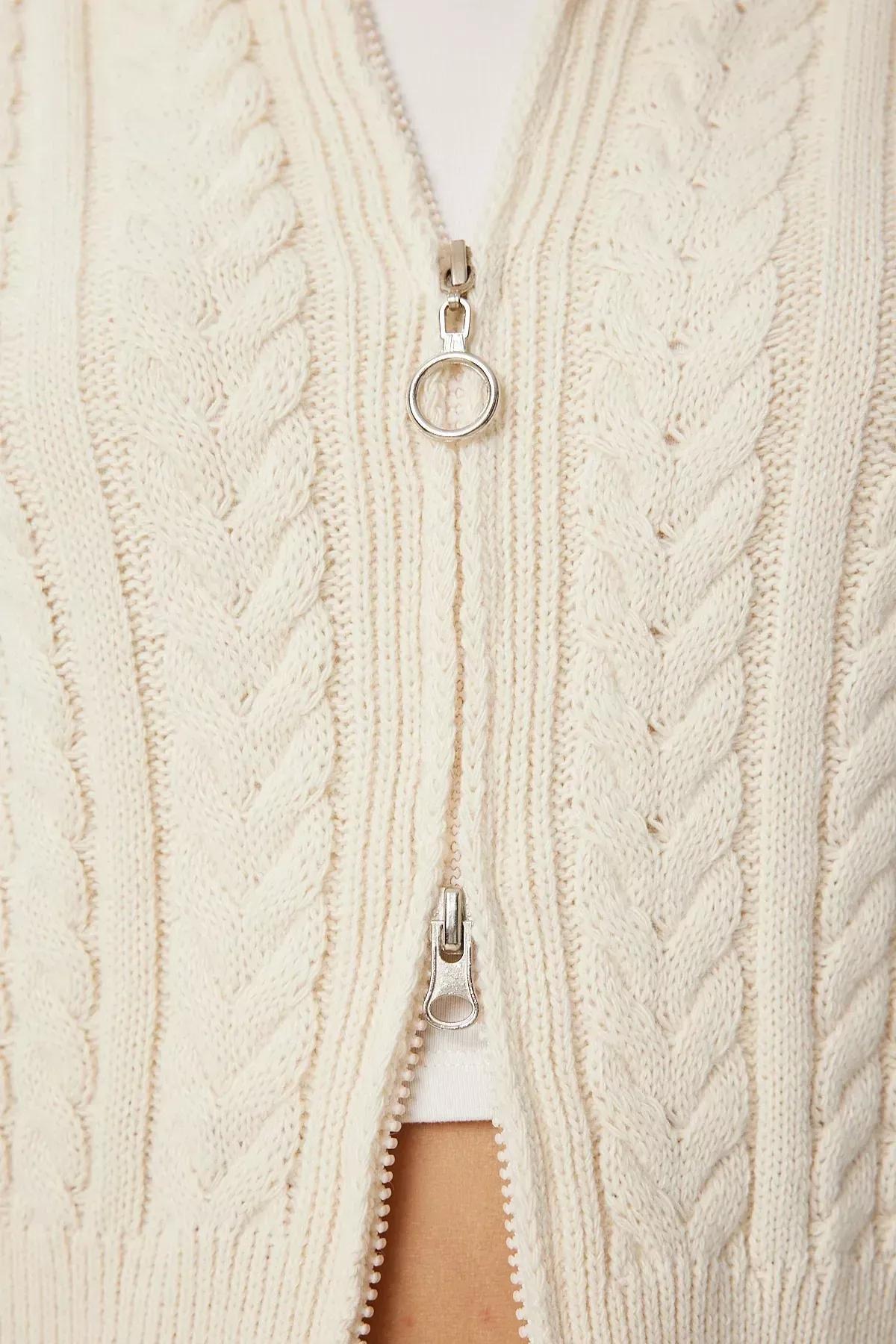Cream Zippered Knitted Pattern Cardigan, Cream, large image number 4