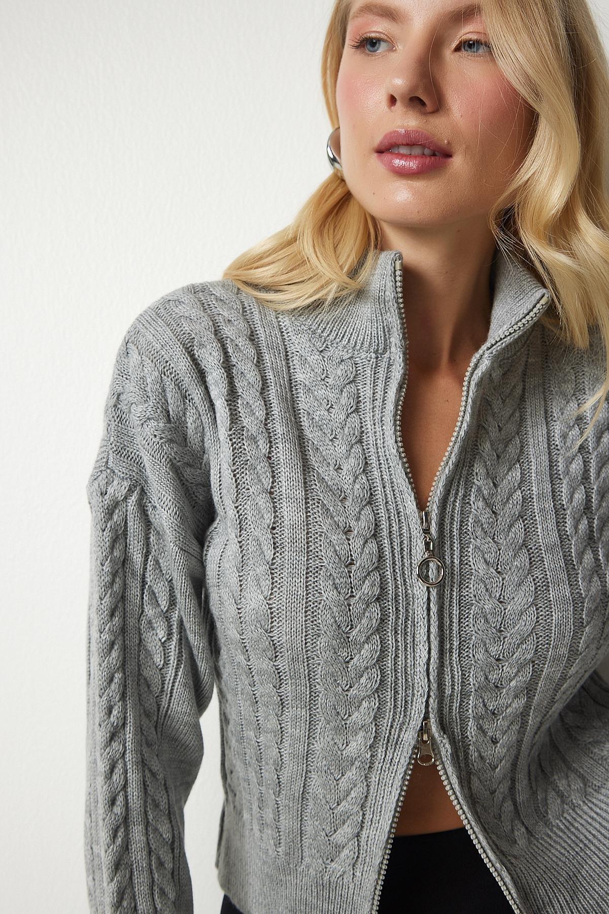 Gray Zippered Knitting Pattern Cardigan, C101_1653, large image number 2