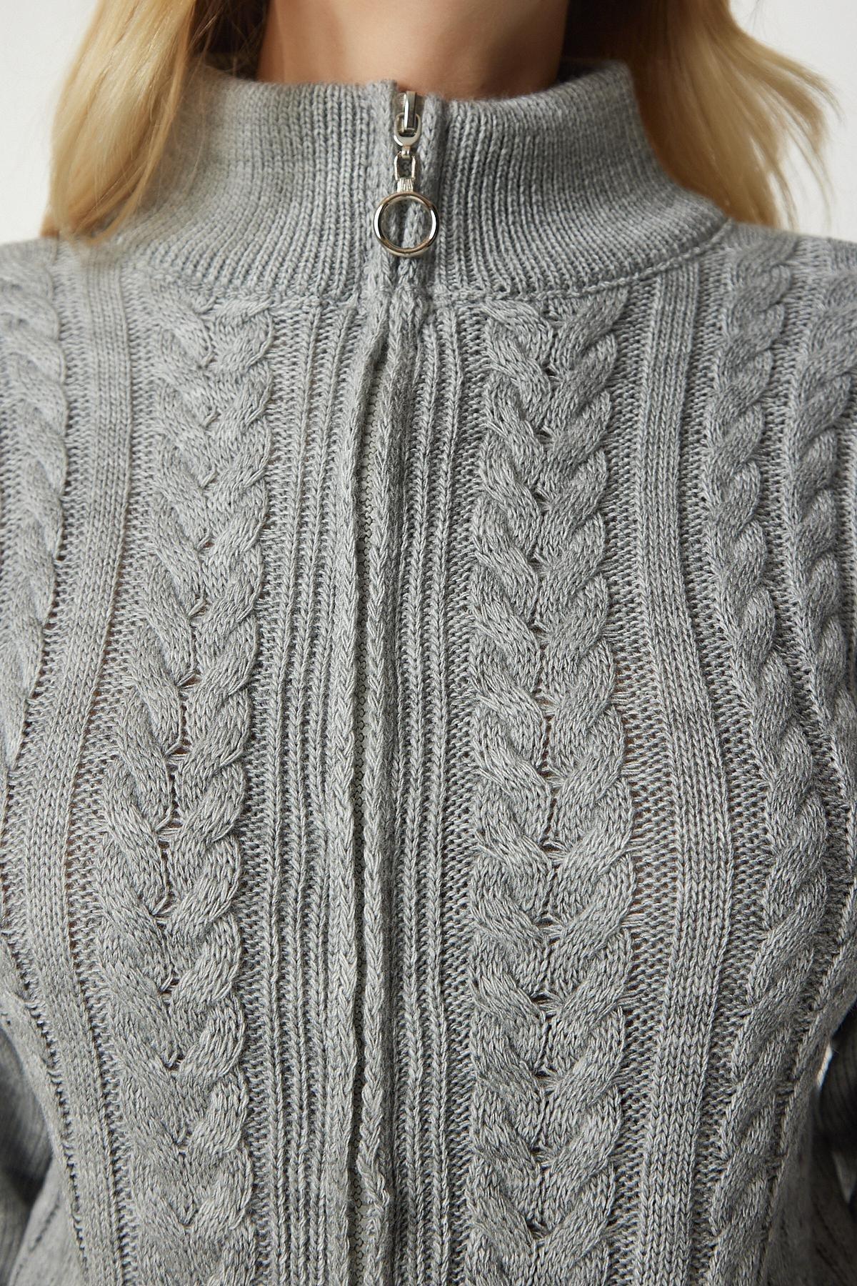 Gray Zippered Knitting Pattern Cardigan, C101_1653, large image number 4
