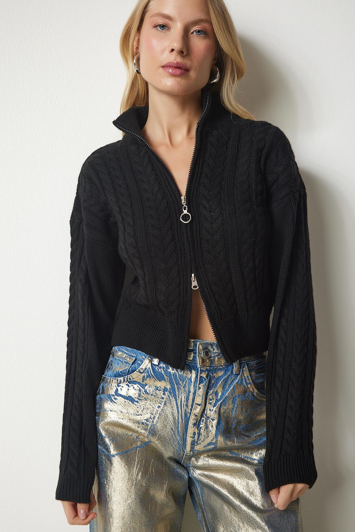 Black Zippered Knit Patternedcardigan, BLACK, large image number 1