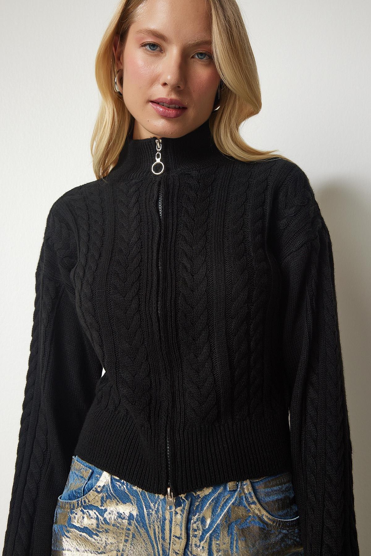 Black Zippered Knit Patternedcardigan, BLACK, large image number 2