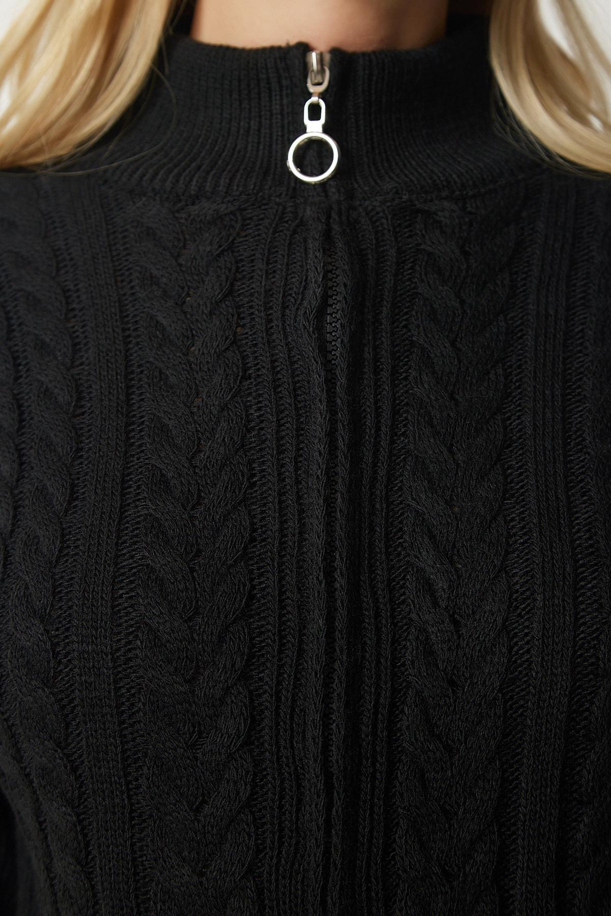 Black Zippered Knit Patternedcardigan, BLACK, large image number 3