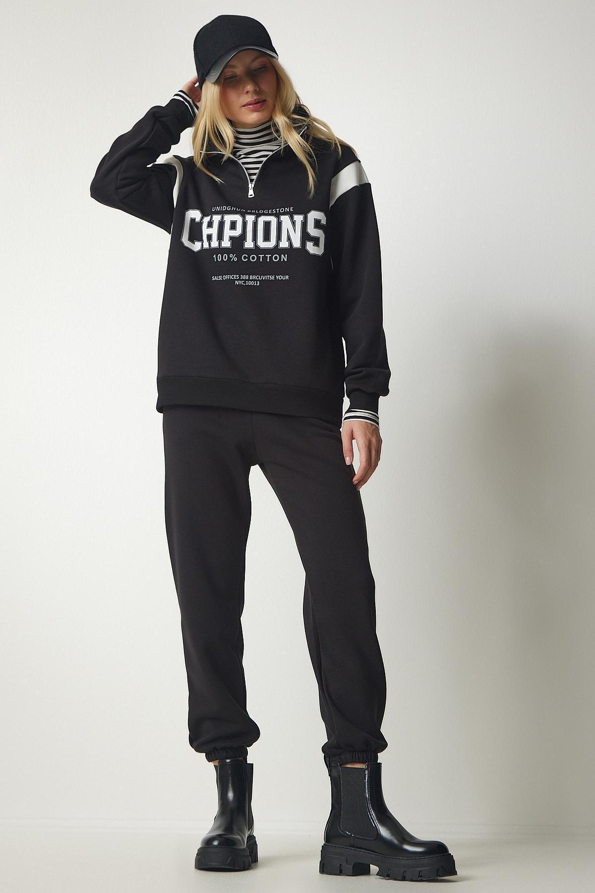 Happiness Istanbul - Black Zippered Printed Shark Tracksuit Set