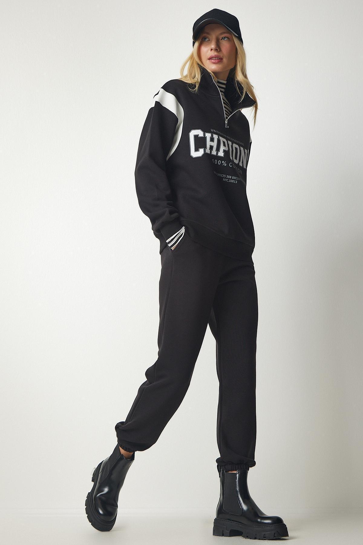 Happiness Istanbul - Black Zippered Printed Shark Tracksuit Set