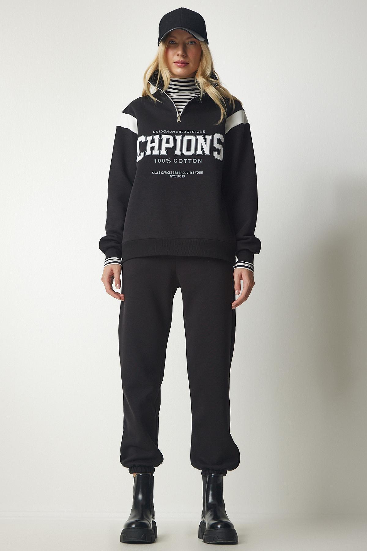 Happiness Istanbul - Black Zippered Printed Shark Tracksuit Set