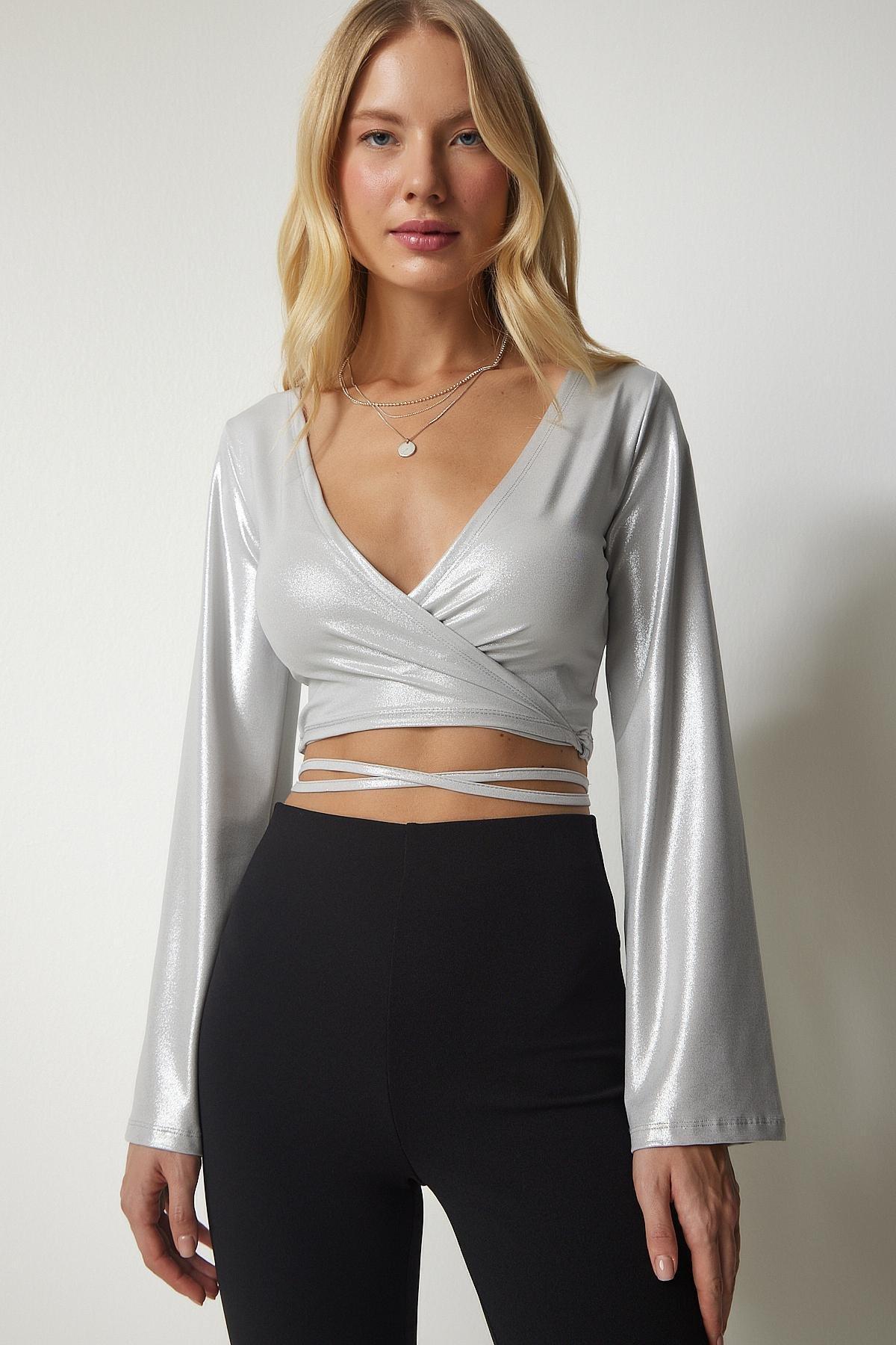Happiness Istanbul - Gray Zip-Up Sparkle Crop Top