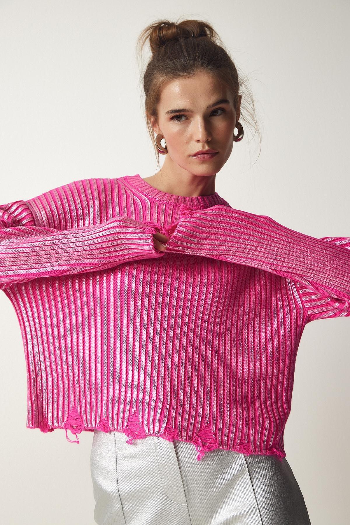 Pink Ripped Detail Knitwear Sweater, , large image number 0