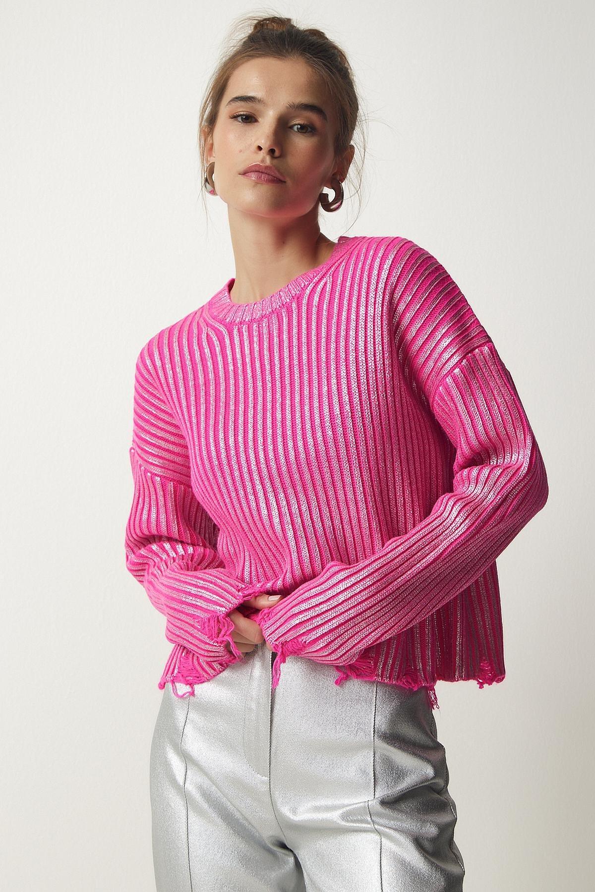 Pink Ripped Detail Knitwear Sweater, , large image number 1