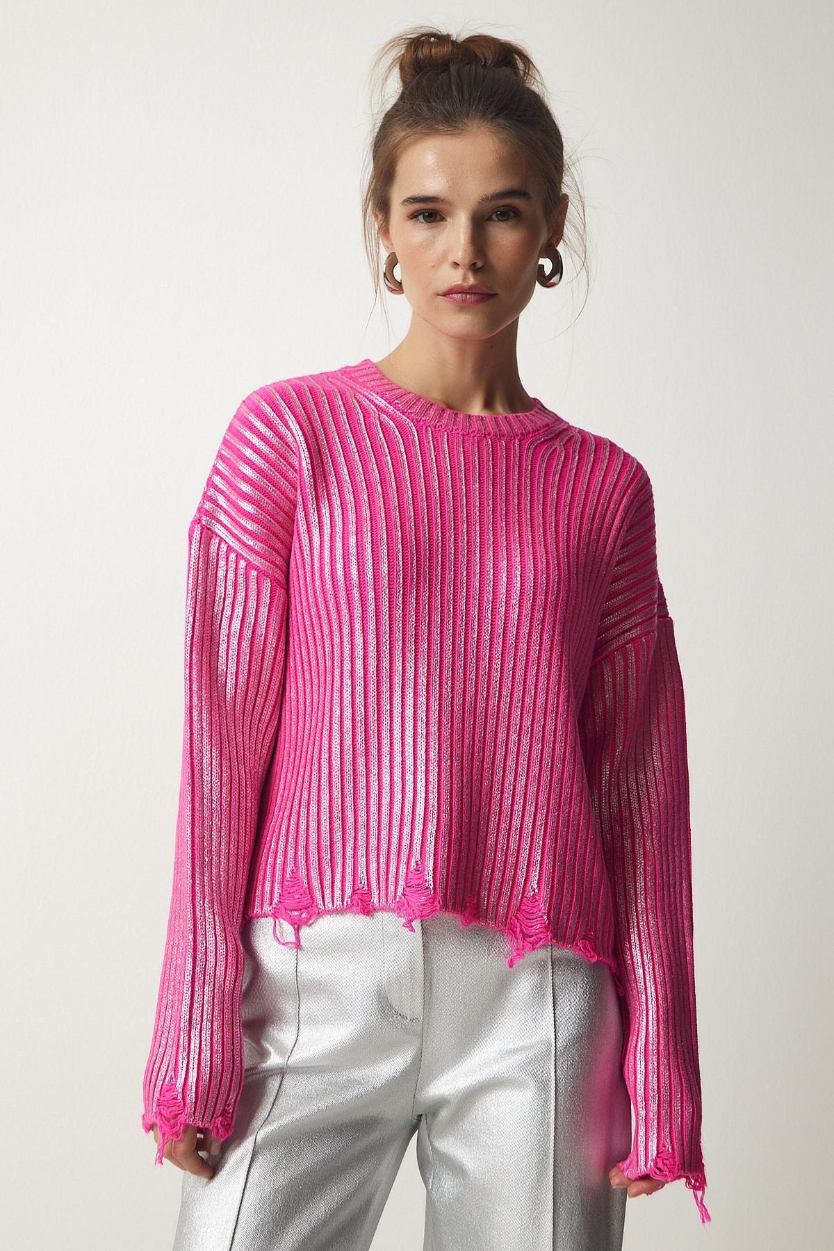 Pink Ripped Detail Knitwear Sweater, , large image number 2