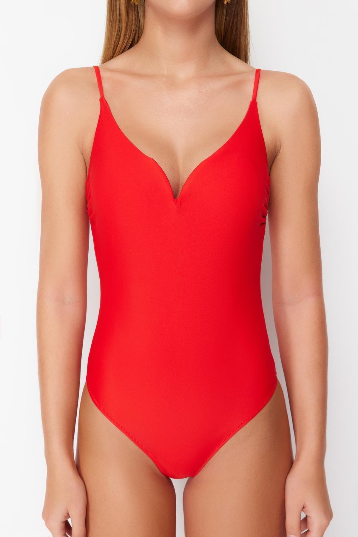Red V-Neck Regular Swimsuit, C101_4819, large image number 2