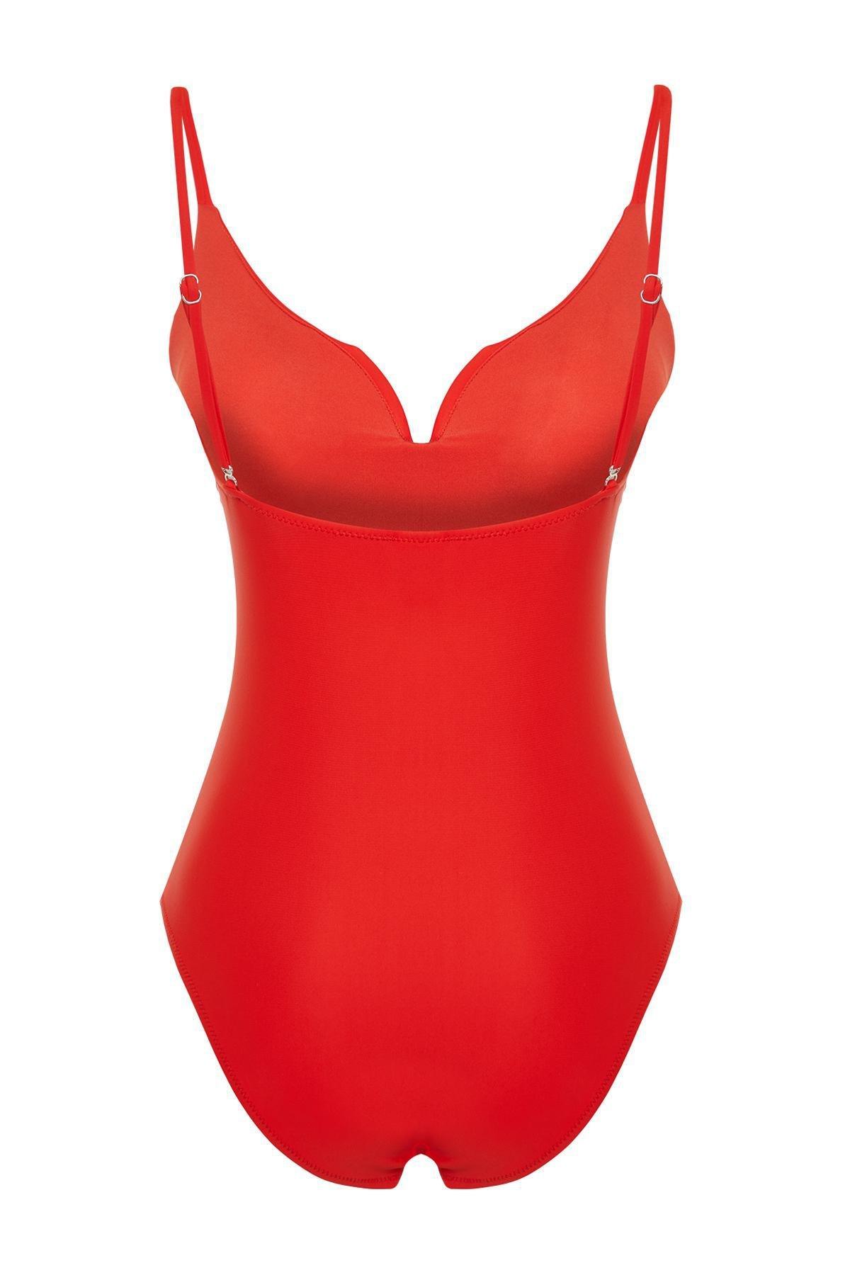 Red V-Neck Regular Swimsuit, C101_4819, large image number 5