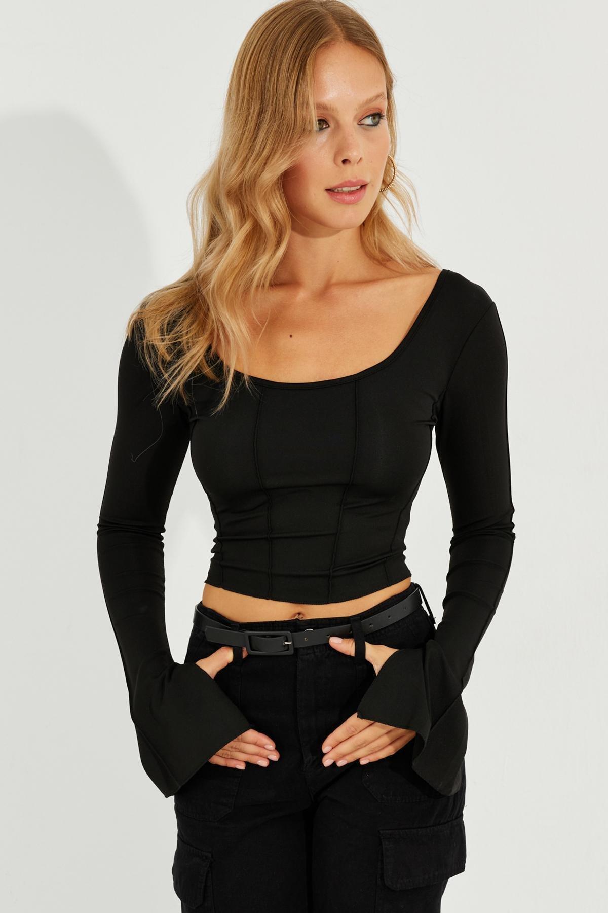 Black Plain Crop Blouse CG302, , large image number 3