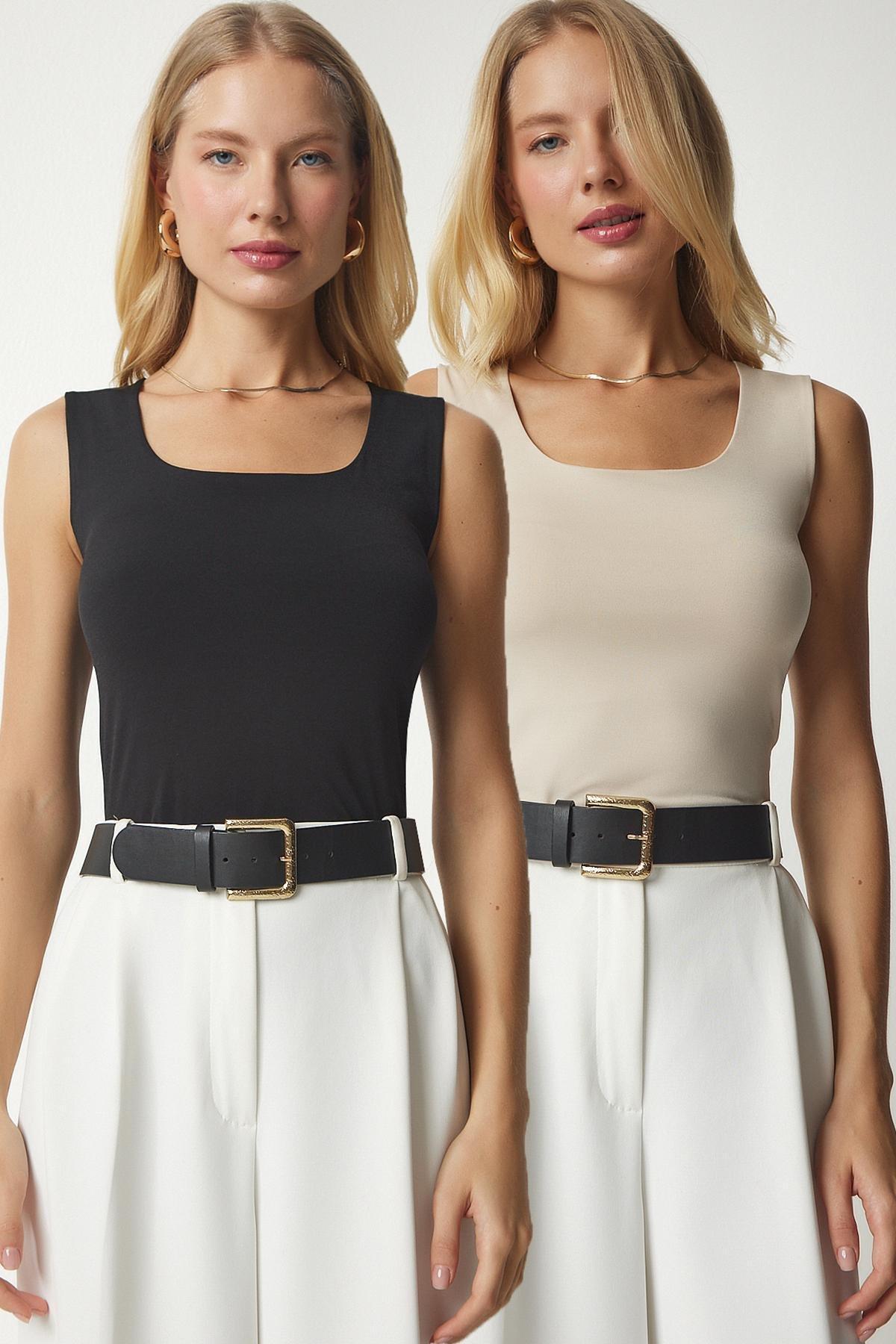 Womens Cream Black Sleeveless 2-Pack Sandy Blouse MC00224, single, Cream Black, large image number 0