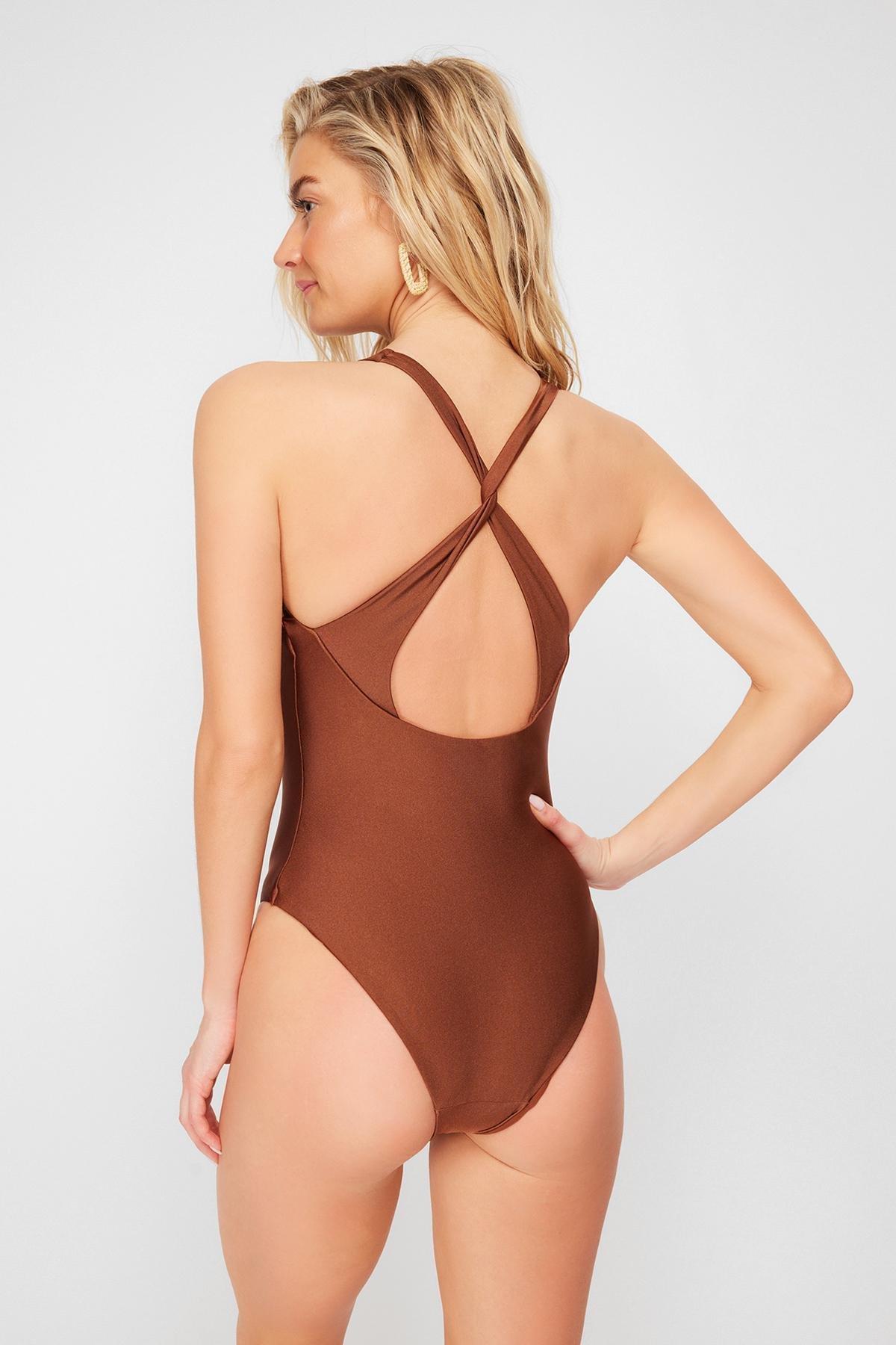Brown V-Neck High Leg Swimsuit, , large image number 4