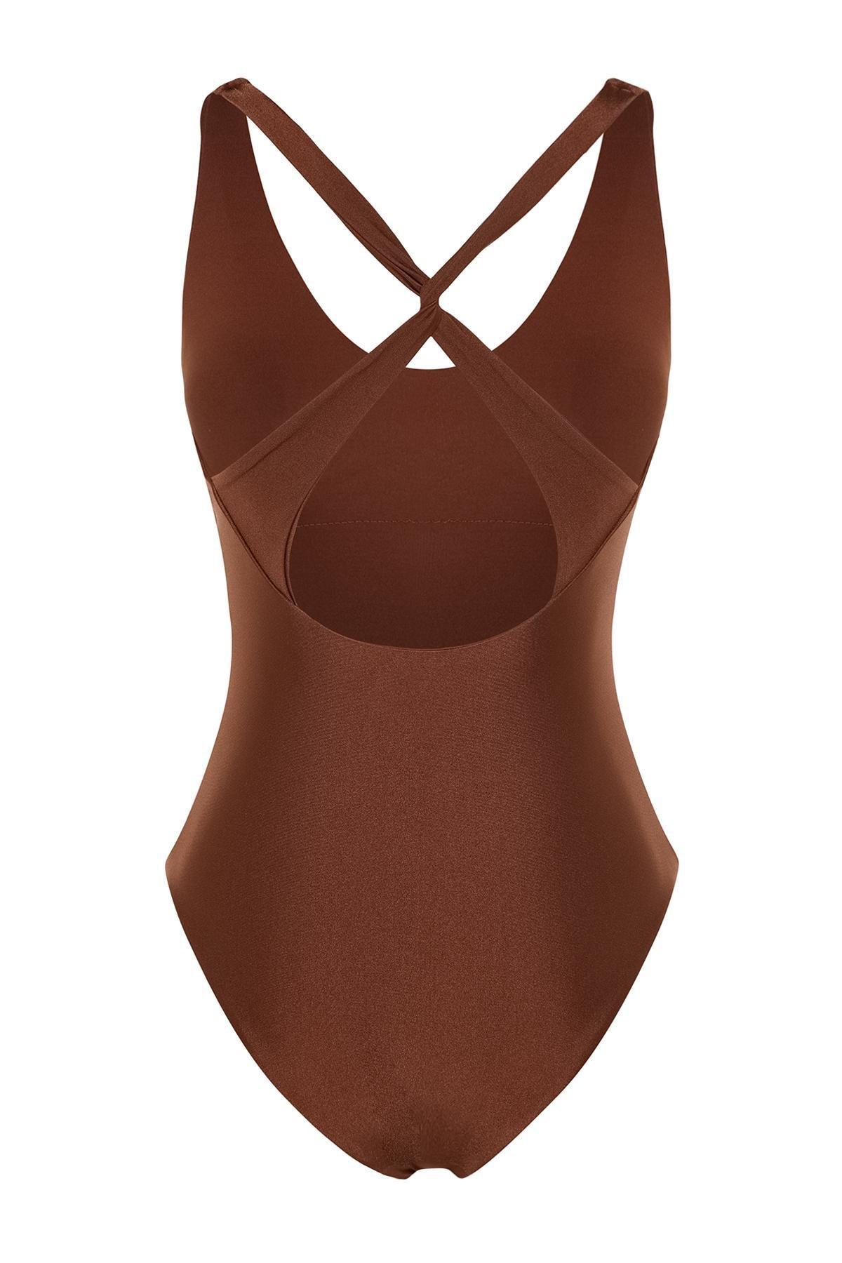Brown V-Neck High Leg Swimsuit, , large image number 5