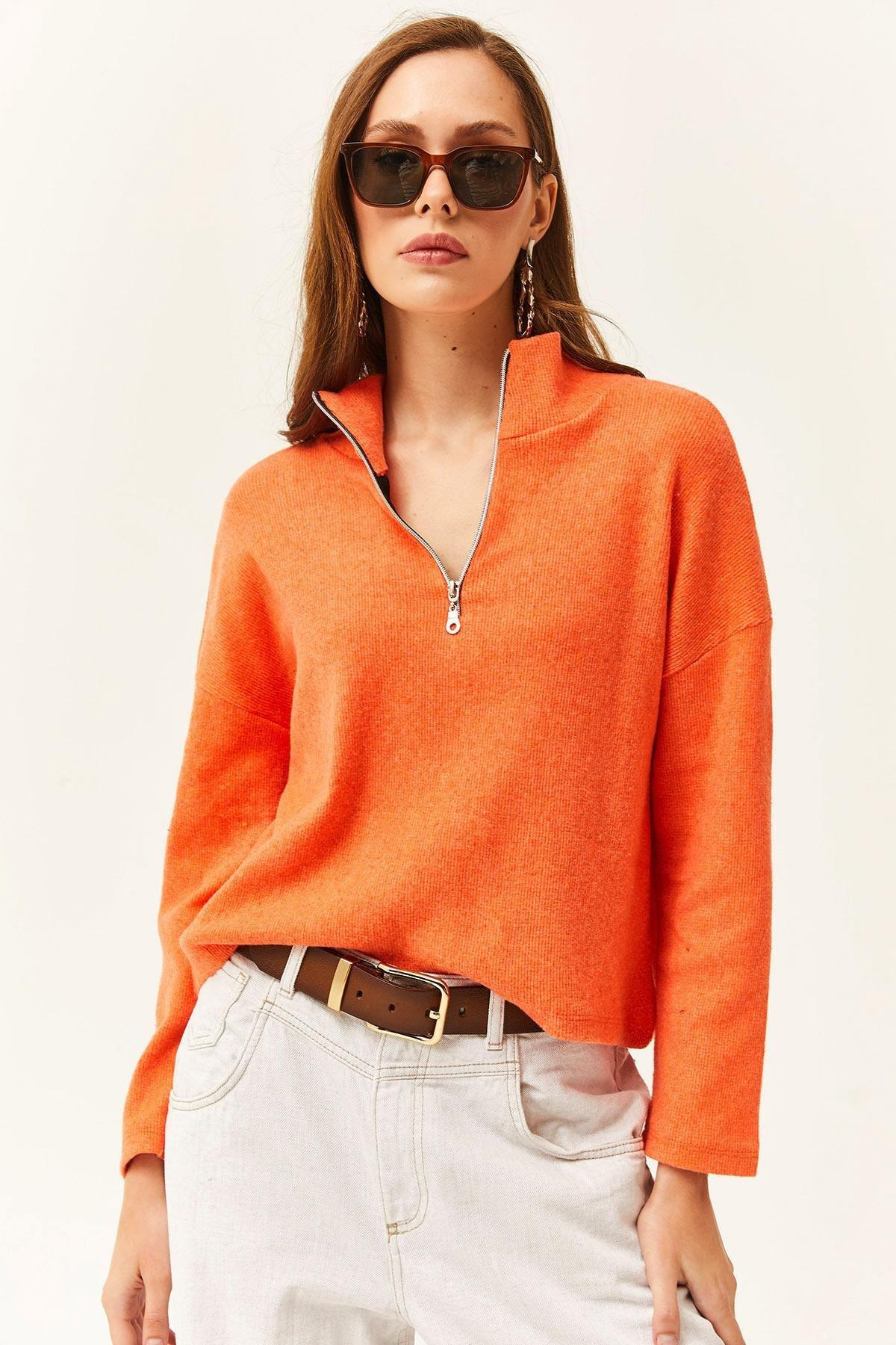 Orange Cropped Zipper Sweater, Orange, large image number 1