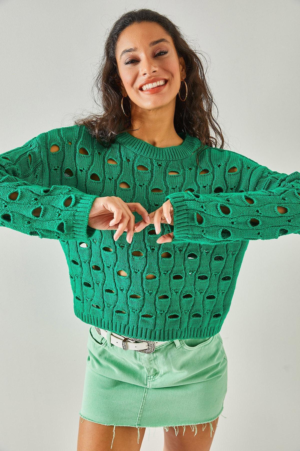 Olalook - Green Large Hole Knitted Sweater