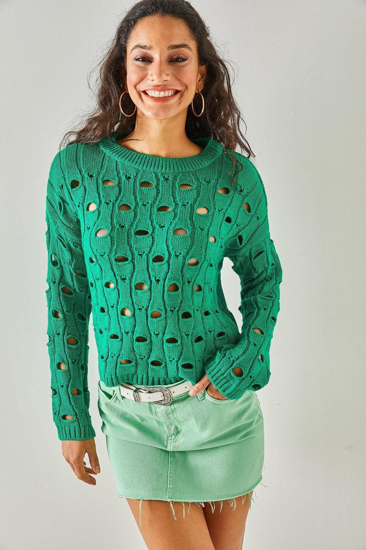 Olalook - Green Large Hole Knitted Sweater