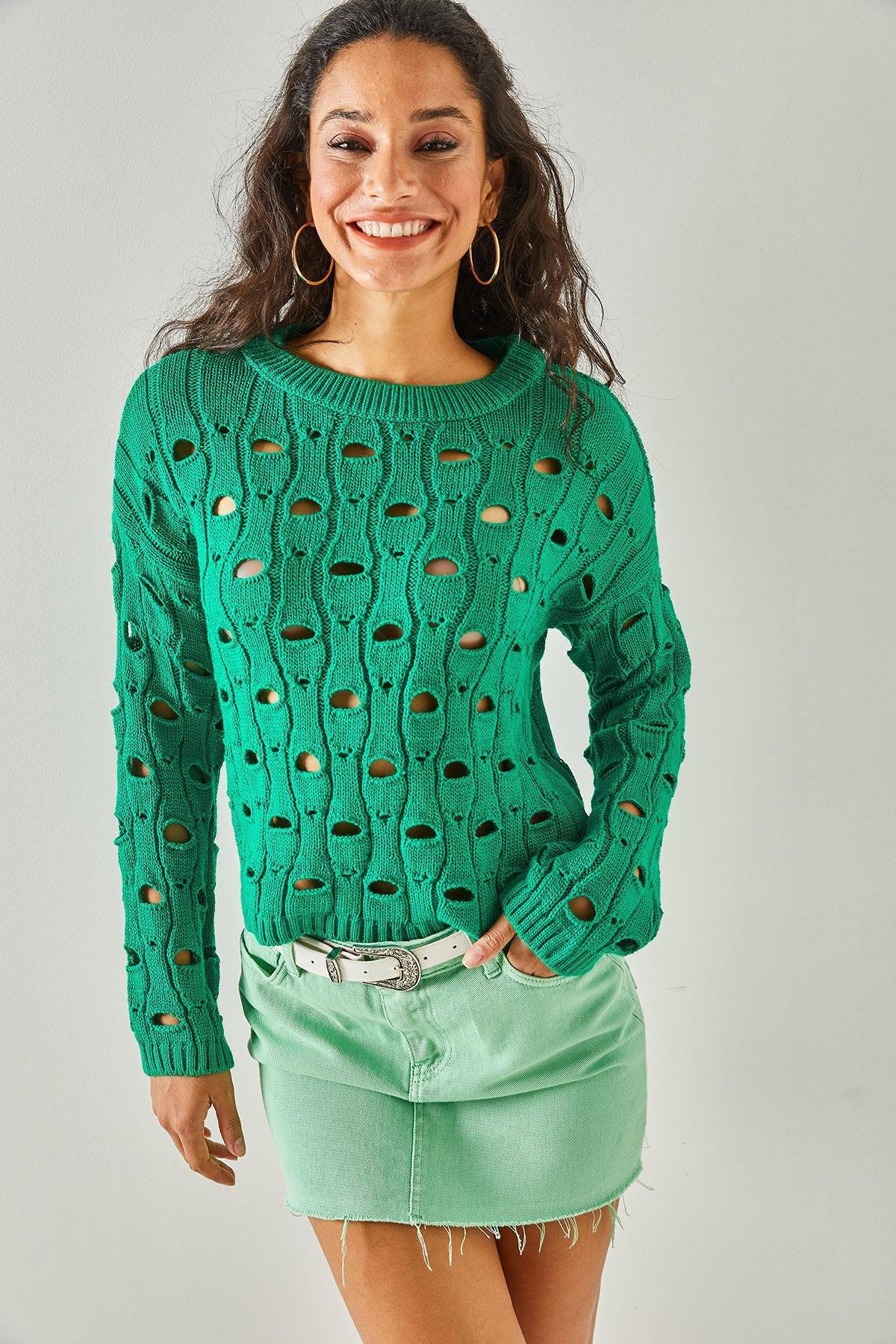 Green Large Hole Knitted Sweater, , large image number 1