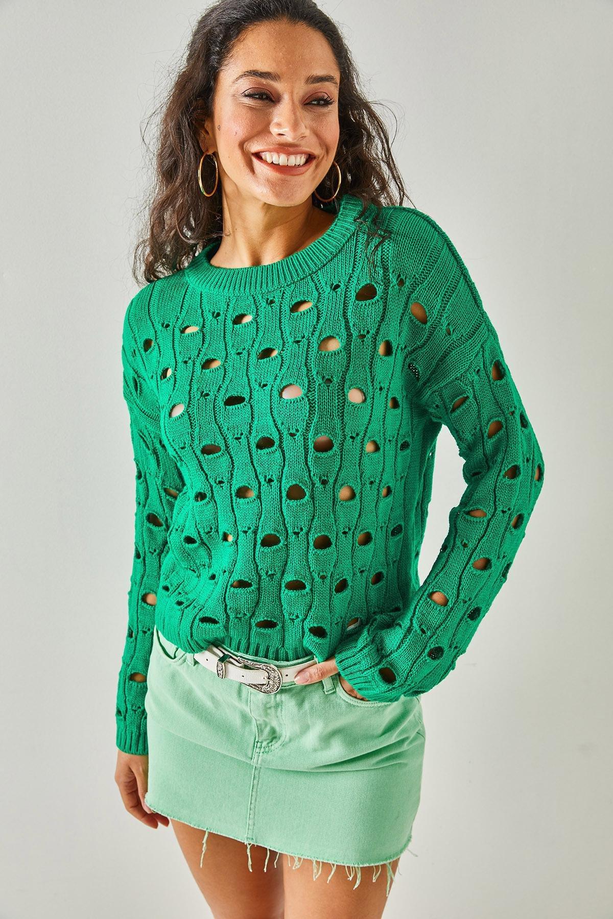 Green Large Hole Knitted Sweater, , large image number 2