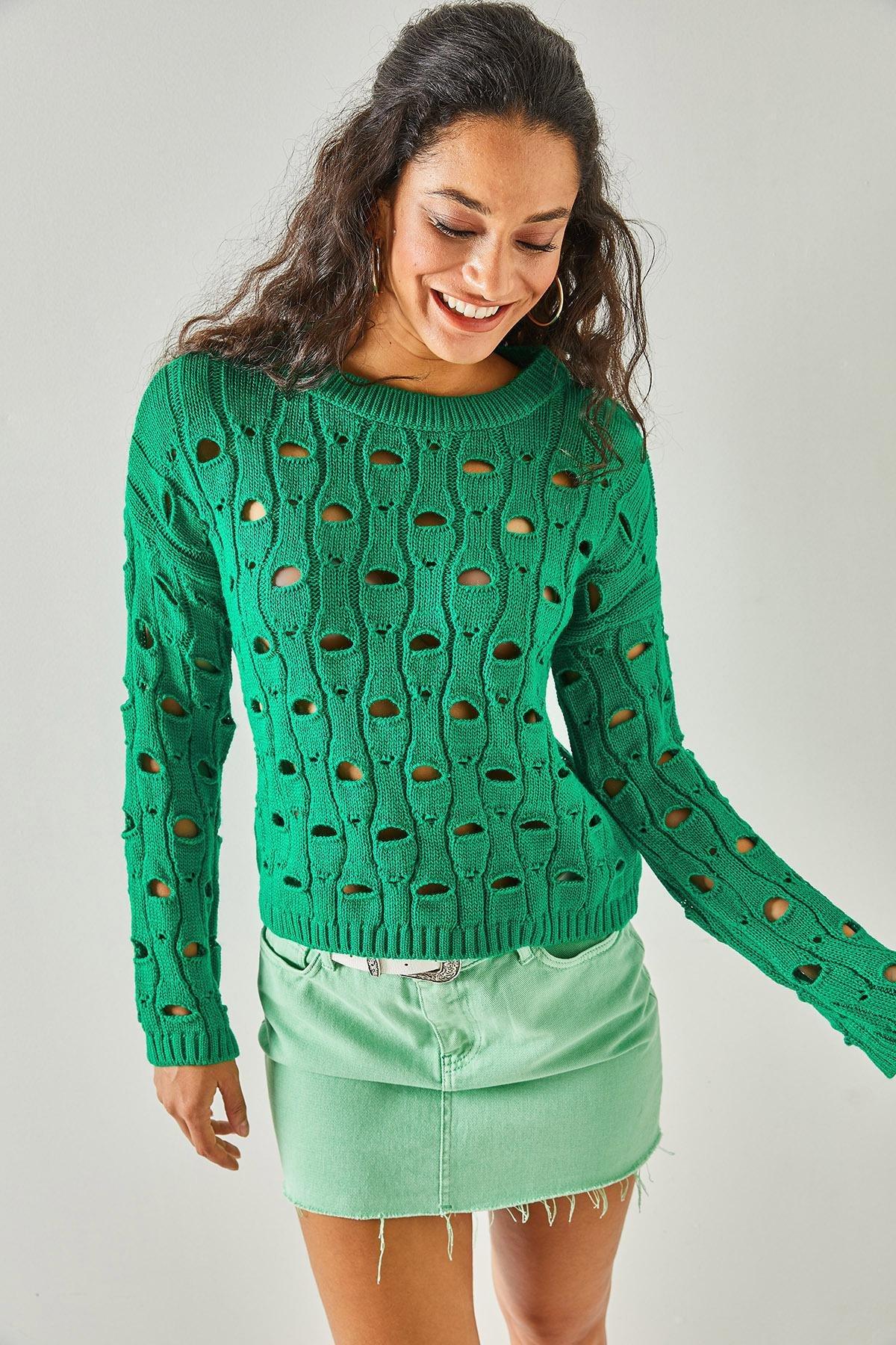 Olalook - Green Large Hole Knitted Sweater